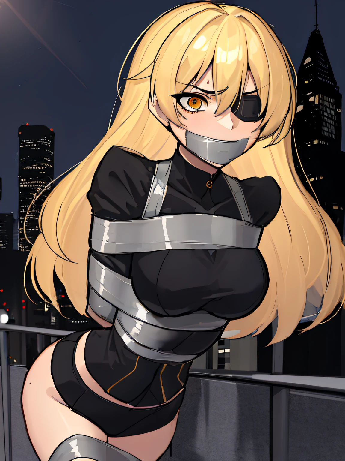 (absurdres, 8k, 4k, masterpiece, hyper extreme detailed:1.2), (masterpiece), best quality, expressive eyes, highres, perfect eyes, 1girl, perfect face, perfect hands, standing, belt, 1girl, blonde hair, eyepatch, perfect anatomy, eyepatch, long hair, platinum blonde hair, muscular, toned body, strong, empty eyes, blank stare, crazy face, crazy eyes, crazy smile, small, golden eyes, deadpan, expressionless, shaded face, messy hair, crazy hair, city background, heroic, half body, cowboy shot, night time, stars, night sky, wind, windy, bondage, bdsm, bound, bdsm, tape gag, tape, tape bondage, restrained, tape wrapped, wrap gag, bondage, taped wrists, taped breasts, taped mouth, taped elbows, taped forearms, standing up, 1girl, arms behind back, shocked, wide eyes, struggling, groping, hand on breasts, crotch rope, aroused, turned on, groping, groped, captured, fearful, scared, hands on breasts, breasts moving, hard , big breasts, shaking, struggling, naked, adult, mature