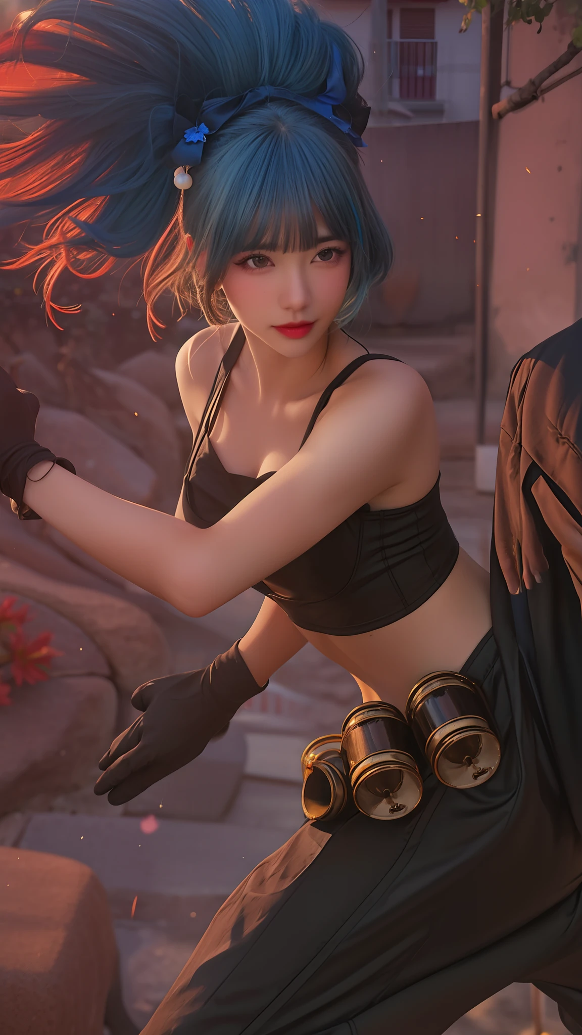 (8k, 4k, best quality, highres:1.2), (maasterpiece, realistic, photo realistic:1.37), 1girl, solo, beautiful face, eyelashes, nose, glossy lips, (detailed eyes, looking at viewer, fair skin, white skin:1.5), fine complexion, upper body, large breasts, busty,, (:1.5), outdoor onsen, two side up, absurdly long hair, blonde hair, pink hair, bangs, hair ornament, bow, younger, aged down,open and close your eyes
