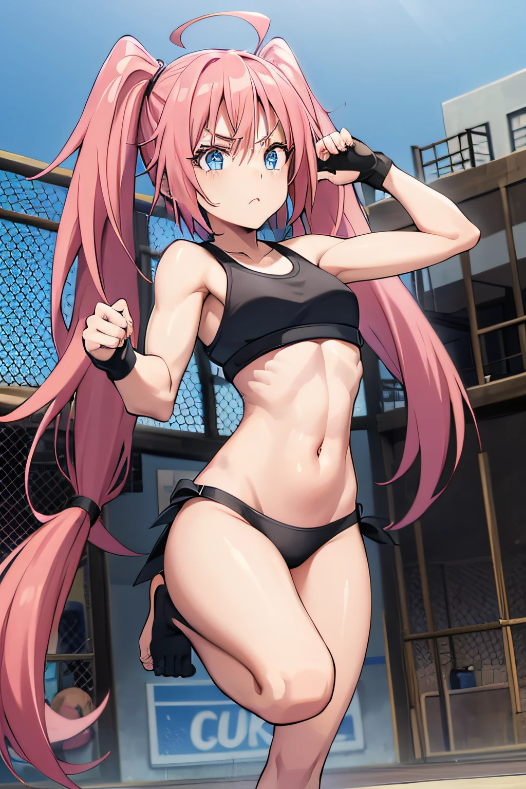 Young boxer、long pink hair、piggy back, brunette、Black sports bra and shorts、Boxing gloves、With penetrating gaze、blue eyes, Boxing posture、Waist、Boxing gym in the background, muscular belly, muscular legs, body photo whole, barefoot