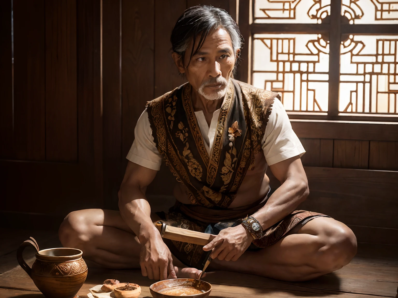 (A 50 years old male Javanese shaman), (short black hair), (fair skin), (wearing brown colored Javanese style shirt with dark batik ornate), (wielding a keris blade in his hand), (sitting in dimly light wooden wall room with coffee and flower offerings), dynamic pose, natural lighting, photo realism, intricate face detail, intricate hand details, highly detailed, vibrant colors, cinematic, 8k, trending on Artstation--style raw