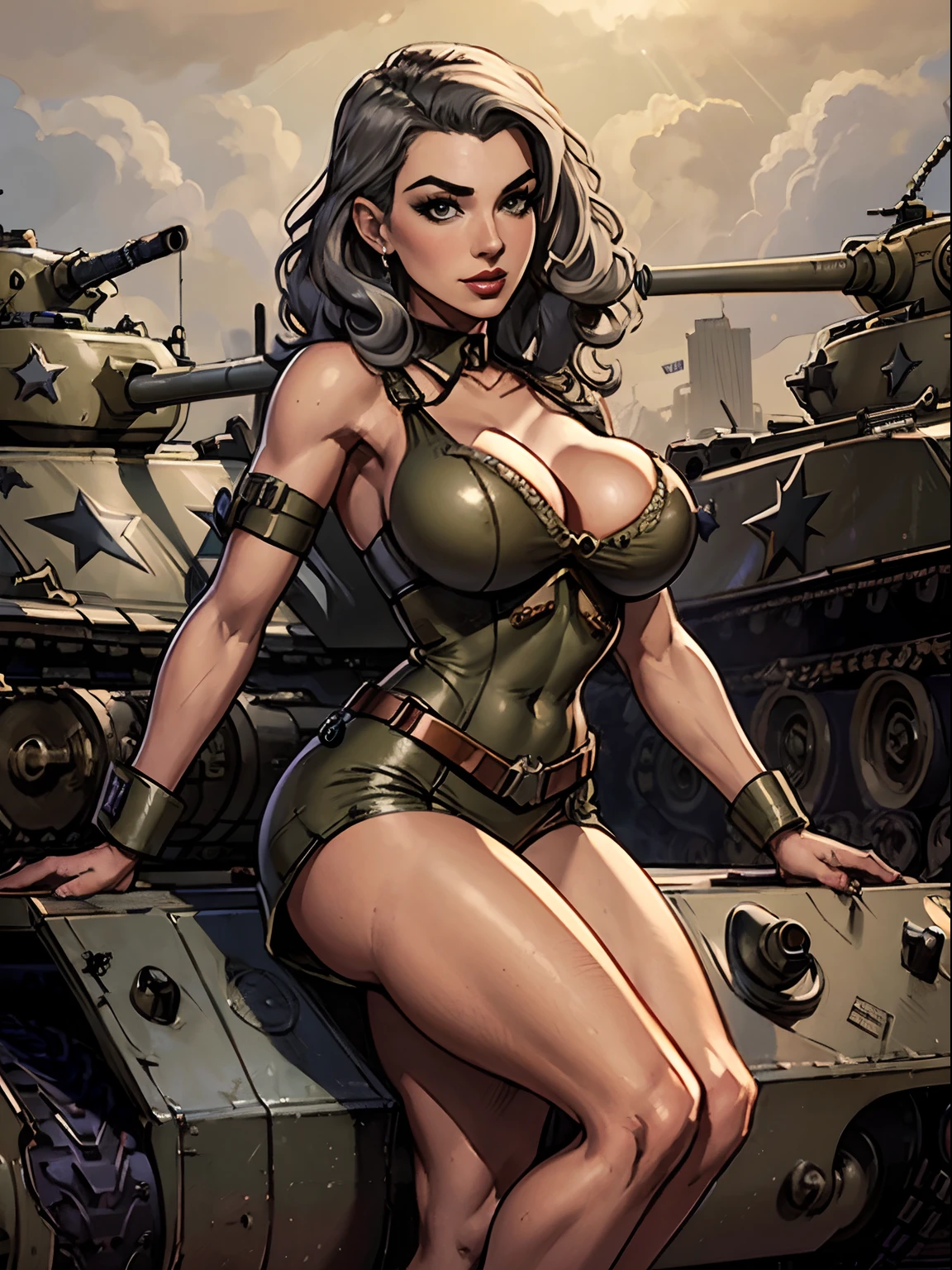 (masterpiece, top quality, best quality, official art, beautiful and aesthetic:1.2), (1girl:1.3), gray hair victory curls, vintage 1940's American hairstyle, extremely detailed, portrait, looking at viewer, solo, (full body:0.6), detailed background, close up, vintage makeup, retro style, (warm summer military base theme:1.1), pinup girl, elegant face, long face, charlatan, smirk, mysterious, posing on top of a tank, patriotic costume, star spangled costume, high heels, legs, M4 Sherman tank, WWII tank, armored vehicle, (((( medium, breast )))), toned, slim waist, slim hips, long legs, muscular legs, historical (WW2 army base exterior:1.1) background, dark mysterious lighting, shadows, magical atmosphere, dutch angle