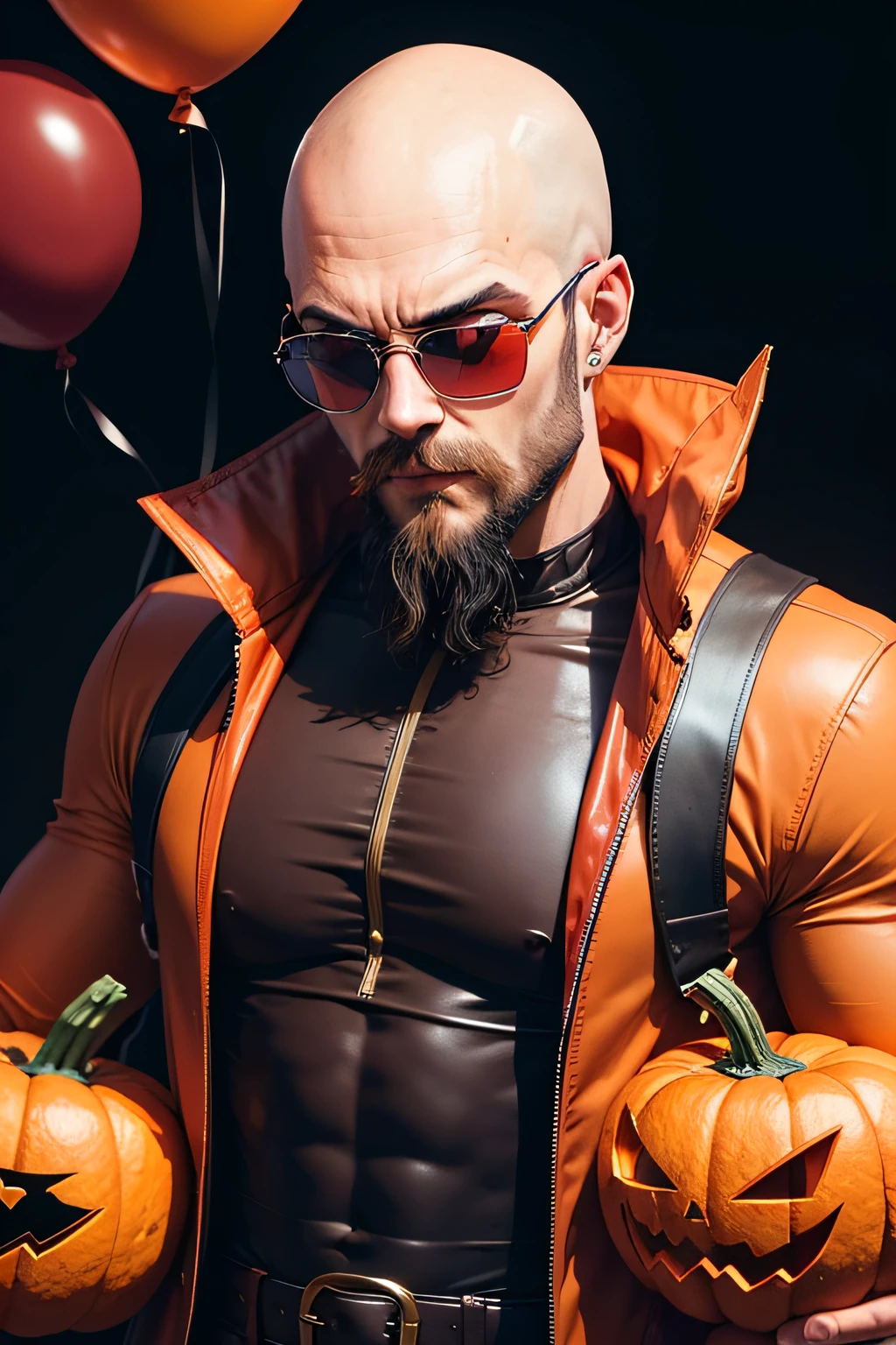 man bald attractive with beard and red sunglases, in a halloween ballon partty, dressed as a pumpkin, vampire costume