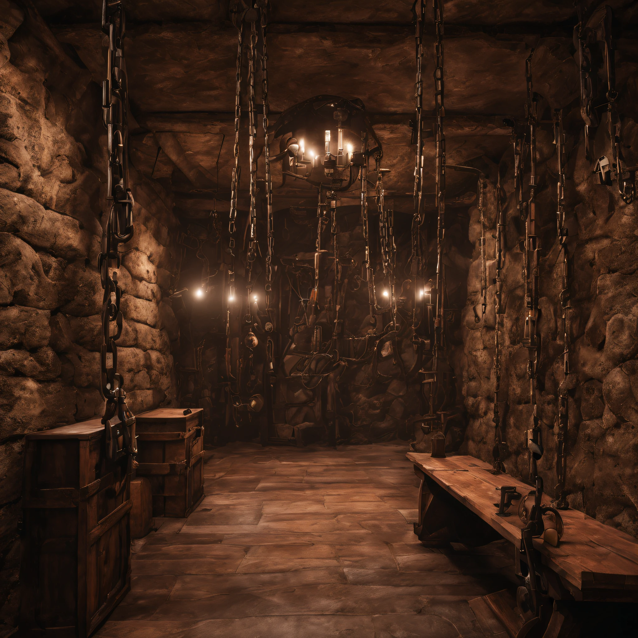 Hyper realistic, best quality, ultra detailed, BDSM, torture cellar, stone Walls, chains and bondage steelrings on the wall and the ceiling, wooden torture equipment, basement vault in a castle, candlesticks