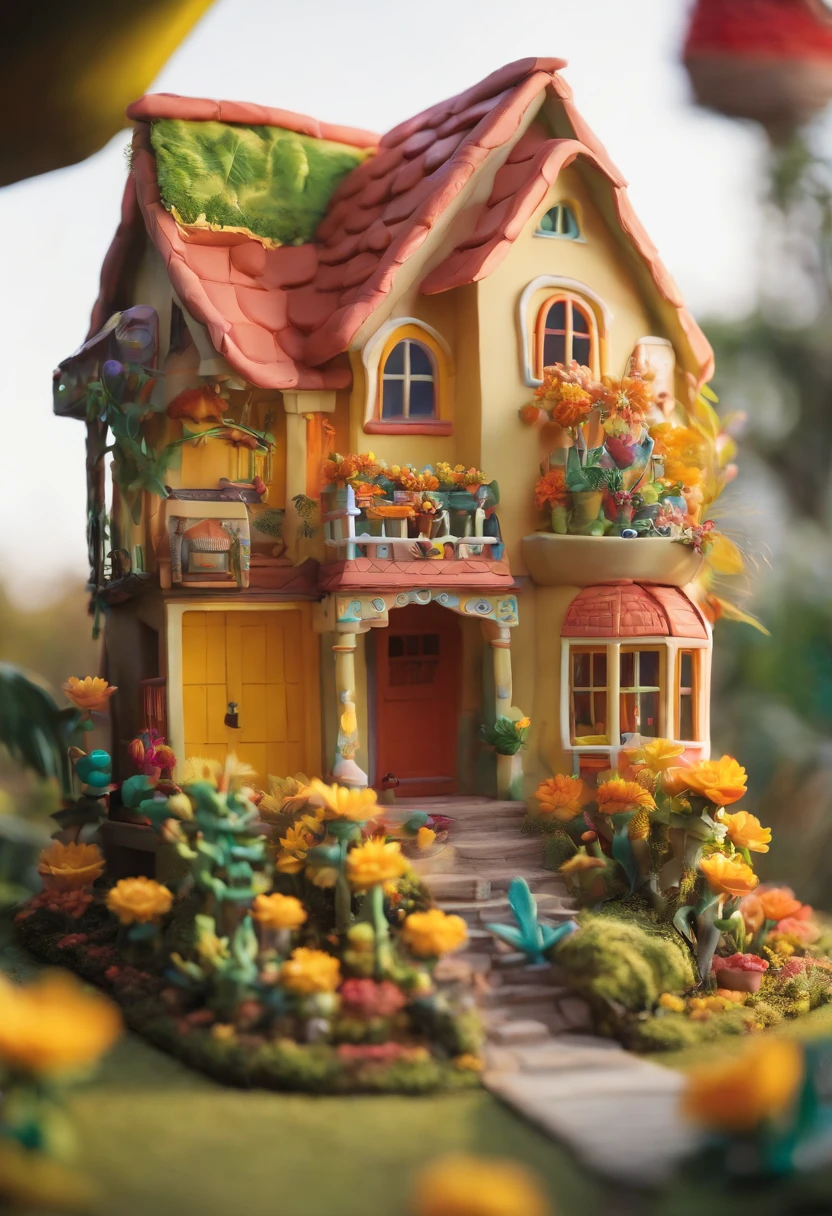 uma casa de cogumelo gigante, gloria studio, The garden is full of sunflowers, material de argila, estilo de design cartunesco, POP Mart, soft lighting, linhas suaves, Lentes Tilt-Shift, detailed science fiction illustrations, Detalhes hiper-realistas, cor quente