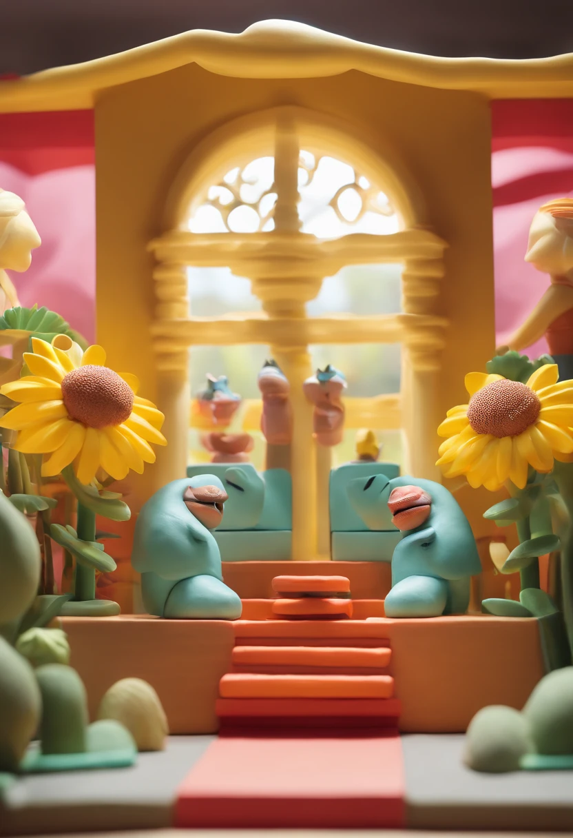 uma casa de cogumelo gigante, gloria studio, The garden is full of sunflowers, material de argila, estilo de design cartunesco, POP Mart, soft lighting, linhas suaves, Lentes Tilt-Shift, detailed science fiction illustrations, Detalhes hiper-realistas, cor quente