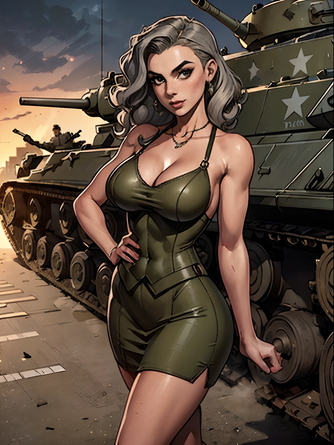 (masterpiece, top quality, best quality, official art, beautiful and aesthetic:1.2), (1girl:1.3), gray hair victory curls, vintage 1940's American hairstyle, extremely detailed, portrait, looking at viewer, solo, (full body:0.6), detailed background, close up, vintage makeup, retro style, (warm summer military base theme:1.1), pinup girl, elegant face, long face, charlatan, smirk, mysterious, posing on top of a tank, patriotic costume, star spangled costume, high heels, legs, M4 Sherman tank, WWII tank, armored vehicle, (((( medium, breast )))), toned, slim waist, slim hips, long legs, muscular legs, historical (WW2 army base exterior:1.1) background, dark mysterious lighting, shadows, magical atmosphere, dutch angle
