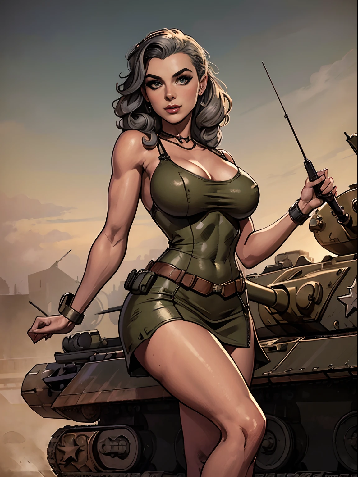 (masterpiece, top quality, best quality, official art, beautiful and aesthetic:1.2), (1girl:1.3), gray hair victory curls, vintage 1940's American hairstyle, extremely detailed, portrait, looking at viewer, solo, (full body:0.6), detailed background, close up, vintage makeup, retro style, (warm summer military base theme:1.1), pinup girl, elegant face, long face, charlatan, smirk, mysterious, posing on top of a tank, patriotic costume, star spangled costume, high heels, legs, M4 Sherman tank, WWII tank, armored vehicle, (((( medium, breast )))), toned, slim waist, slim hips, long legs, muscular legs, historical (WW2 army base exterior:1.1) background, dark mysterious lighting, shadows, magical atmosphere, dutch angle