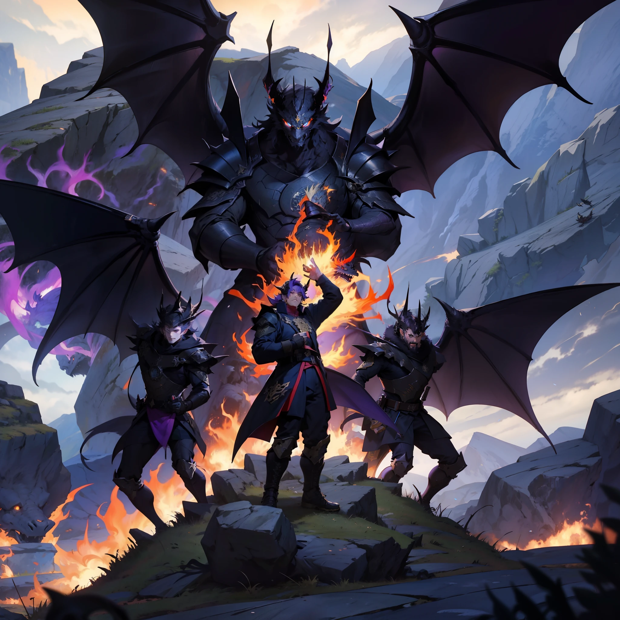 army of monsters fighting 1,black dragon with purple fire, on a mountain