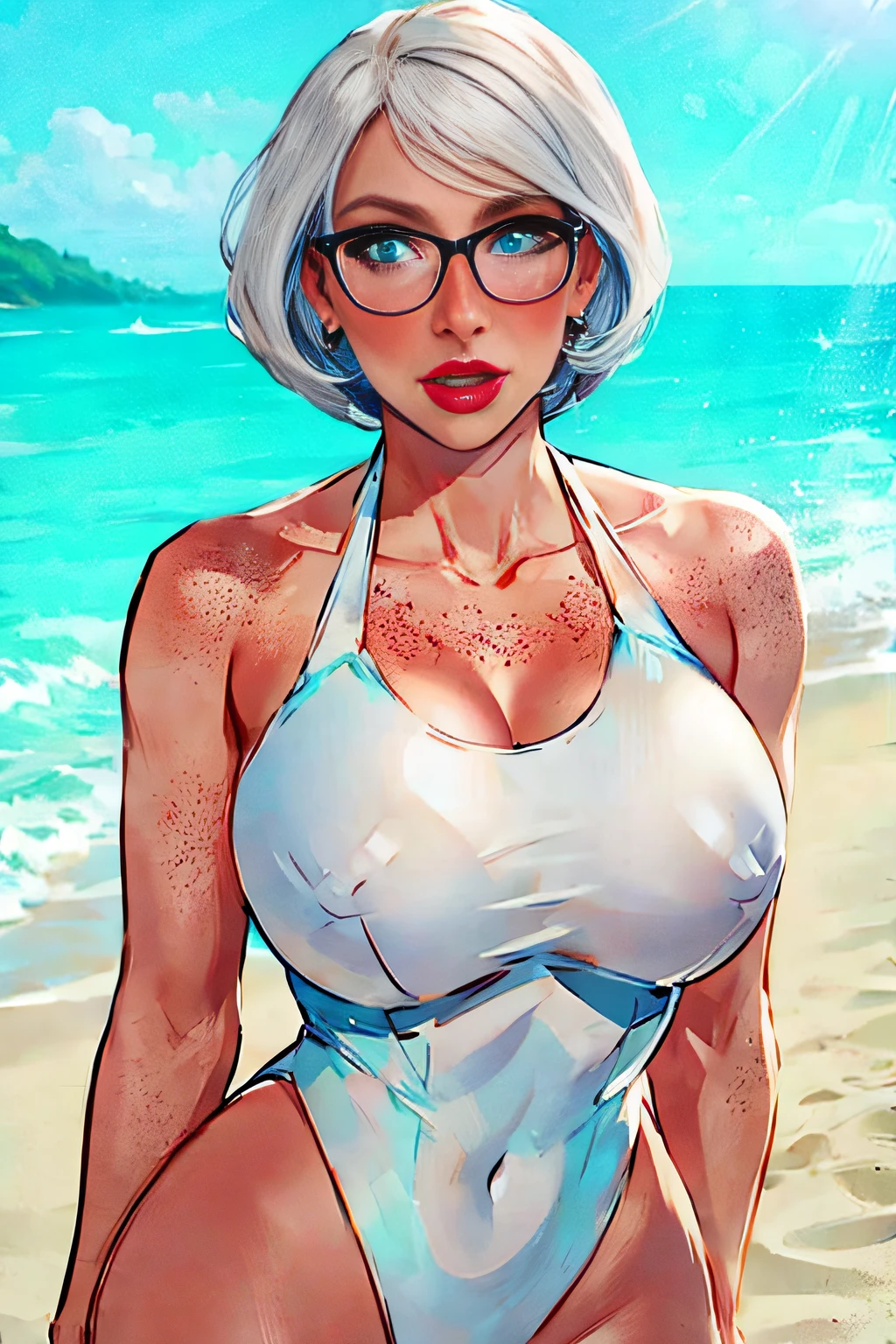ch3rryg1g, ((masterpiece)), Caucasian, woman, beautiful, supermodel face, round cheeks, 1 Girl, large Boobs, curly bob cut, white hair, ((blue string swimsuit)), blue eye color: 1.5, (freckled face), ((glasses)), fingernails, earrings, ((lipstick)), makeup, extremely detailed face, full lips, Beach, ((standing)),