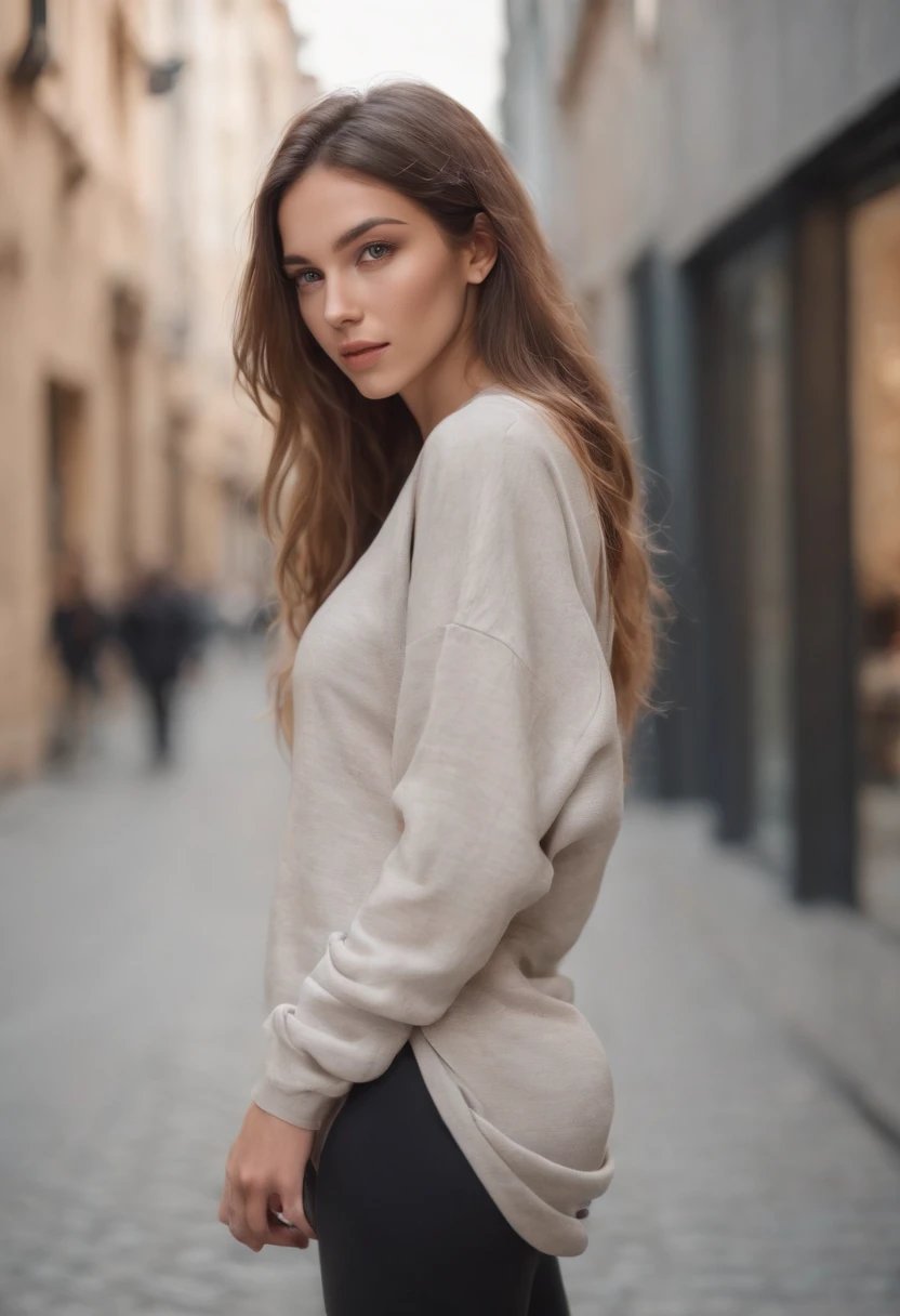 woman in baggy clothes, sexy instagram model, young, beautiful, long hair, 25 years old, fashionable, city walk, dynamic pose, tight leggings