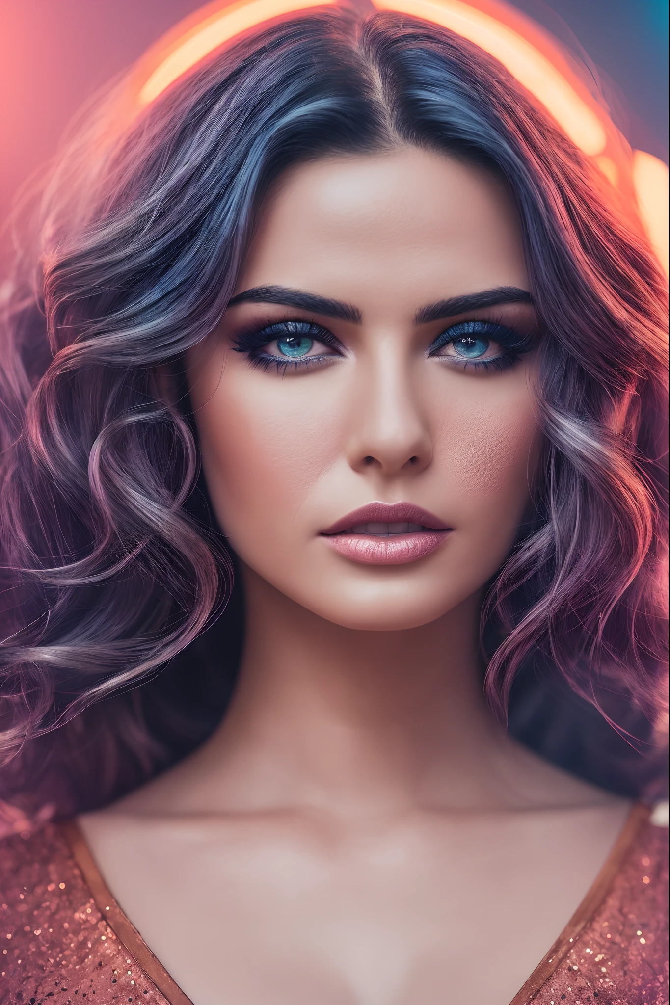 Hyper realistic professional mid body portrait, one stunningly beautiful 38 years old girl, shining long blue haired, long curly hair, hyper detailed and perfect, intense detailed eyes, perfect face, dark makeup ultra detailed, extemly detalled and perfect face, hyper detailed perfect lips, ultra most beautiful woman ever, cinematic photo neon sign,neon lights, sunset, reflective puddles, scifi,85mm photograph, film, bokeh, professional, 4k, highly detailed