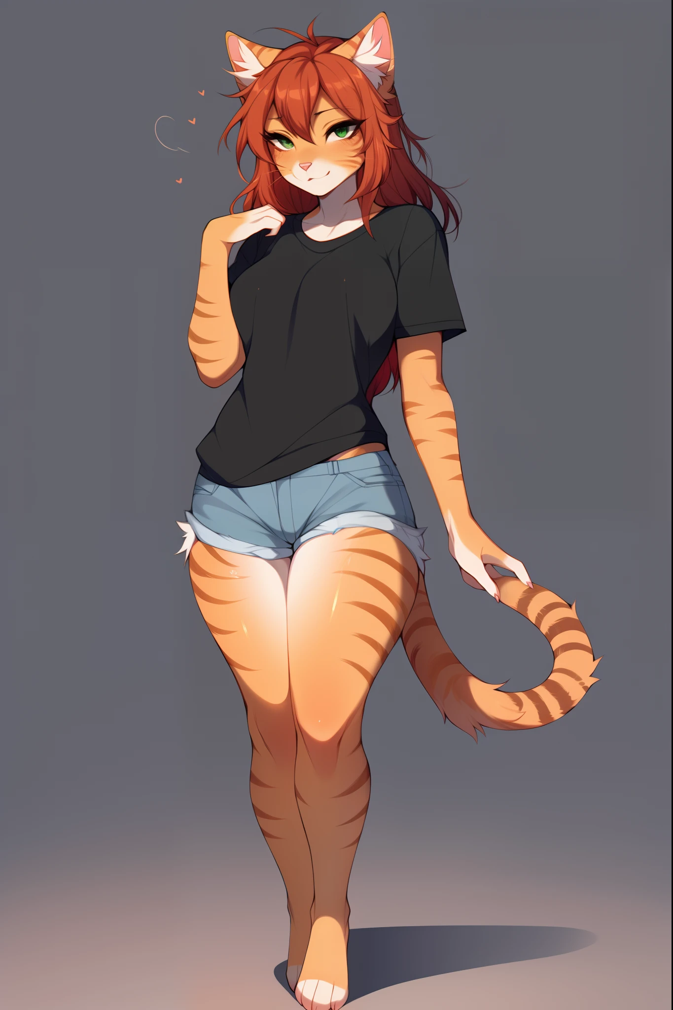 Solo:1.3, cute orange anthro tabby cat female, orange tabby cat ears, long dark scarlet red hair, green eyes, pink nose, cute snout, orange tabby cat tail, barefoot, wearing black t shirt, jean shorts, barefoot, 4 toes, by fumiko, by claweddrip, by hyattlen, raised eyebrows, simple background