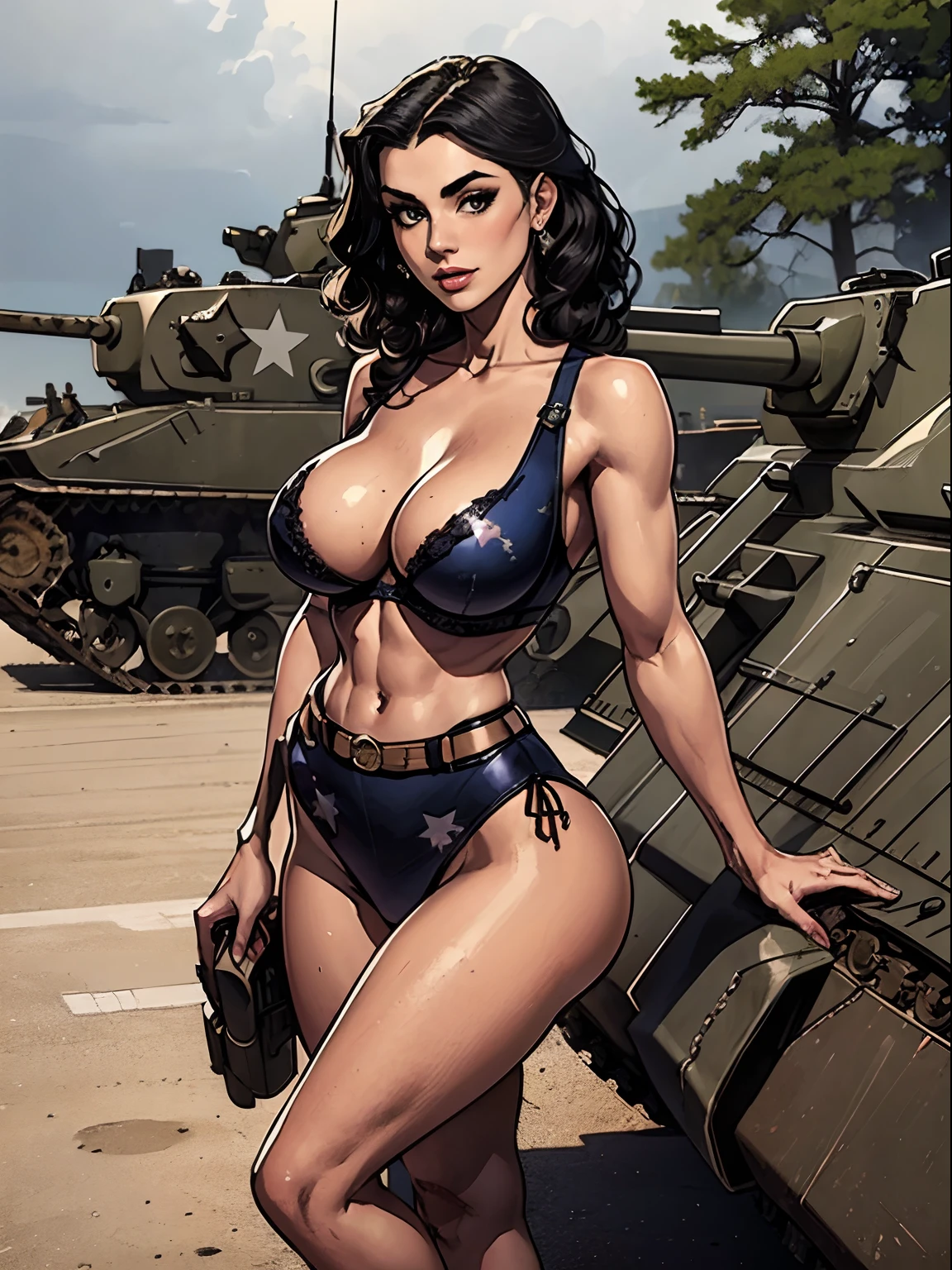 (masterpiece, top quality, best quality, official art, beautiful and aesthetic:1.2), (1girl:1.3), black hair victory curls, vintage 1940's American hairstyle, extremely detailed, portrait, looking at viewer, solo, (full body:0.6), detailed background, close up, vintage makeup, retro style, (warm summer military base theme:1.1), pinup girl, elegant face, long face, charlatan, smirk, mysterious, posing on top of a tank, patriotic costume, star spangled costume, high heels, legs, M4 Sherman tank, WWII tank, armored vehicle, (((( medium, breast )))), toned, slim waist, slim hips, long legs, muscular legs, historical (WW2 army base exterior:1.1) background, dark mysterious lighting, shadows, magical atmosphere, dutch angle