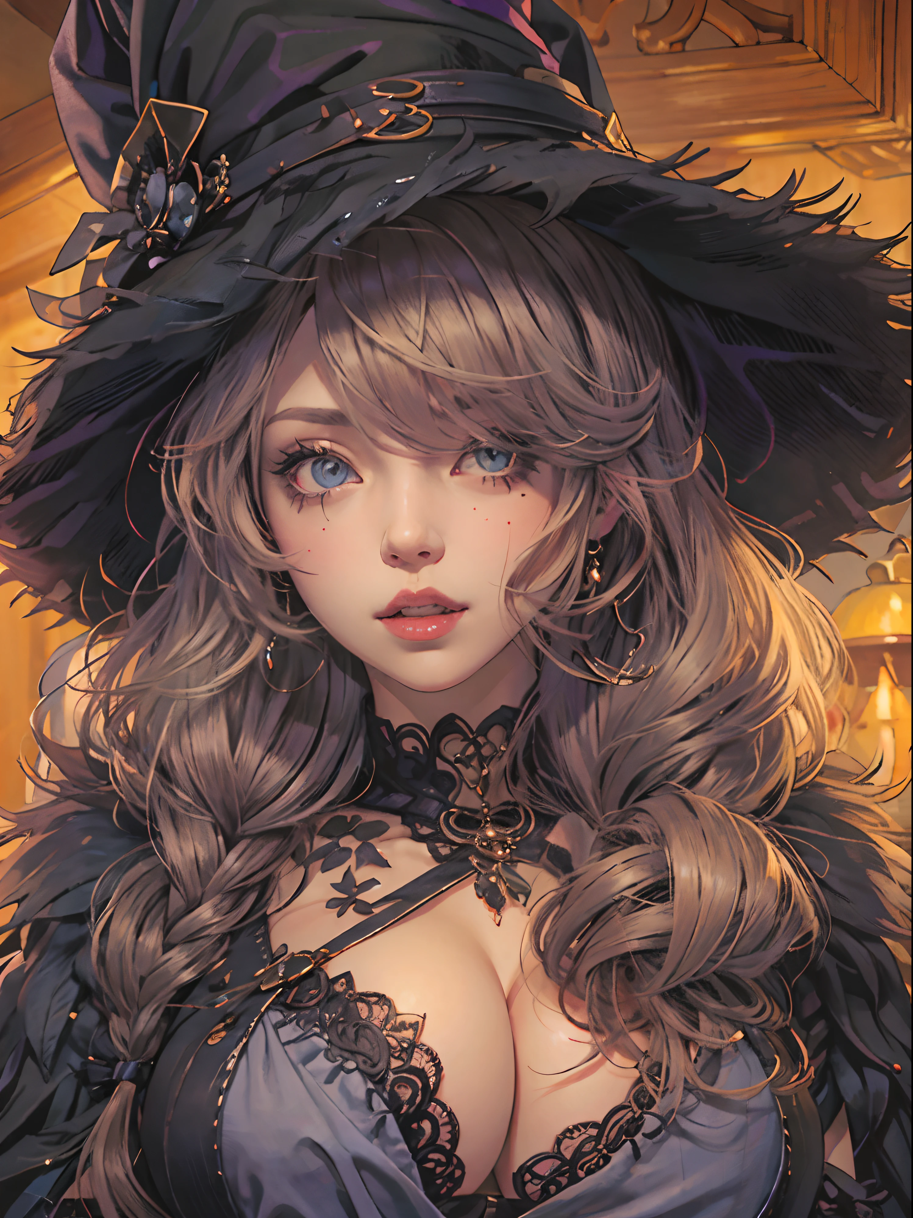 extreme sexy witch, revealing cleavage clothes, halloween-themed, cartoon style