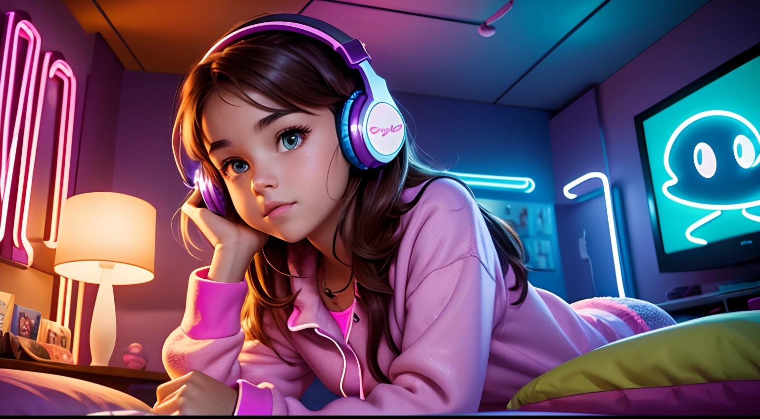 in Disney and Pixar cartoon style, a girl in a room with brown hair, brown eyes, Wearing headphones, Lying in bed, Pajama clothes, surrounded by neon lights. The room is full of vibrant night colors, creating a welcoming atmosphere. The image is of the best quality, with 4k and UHD resolution.