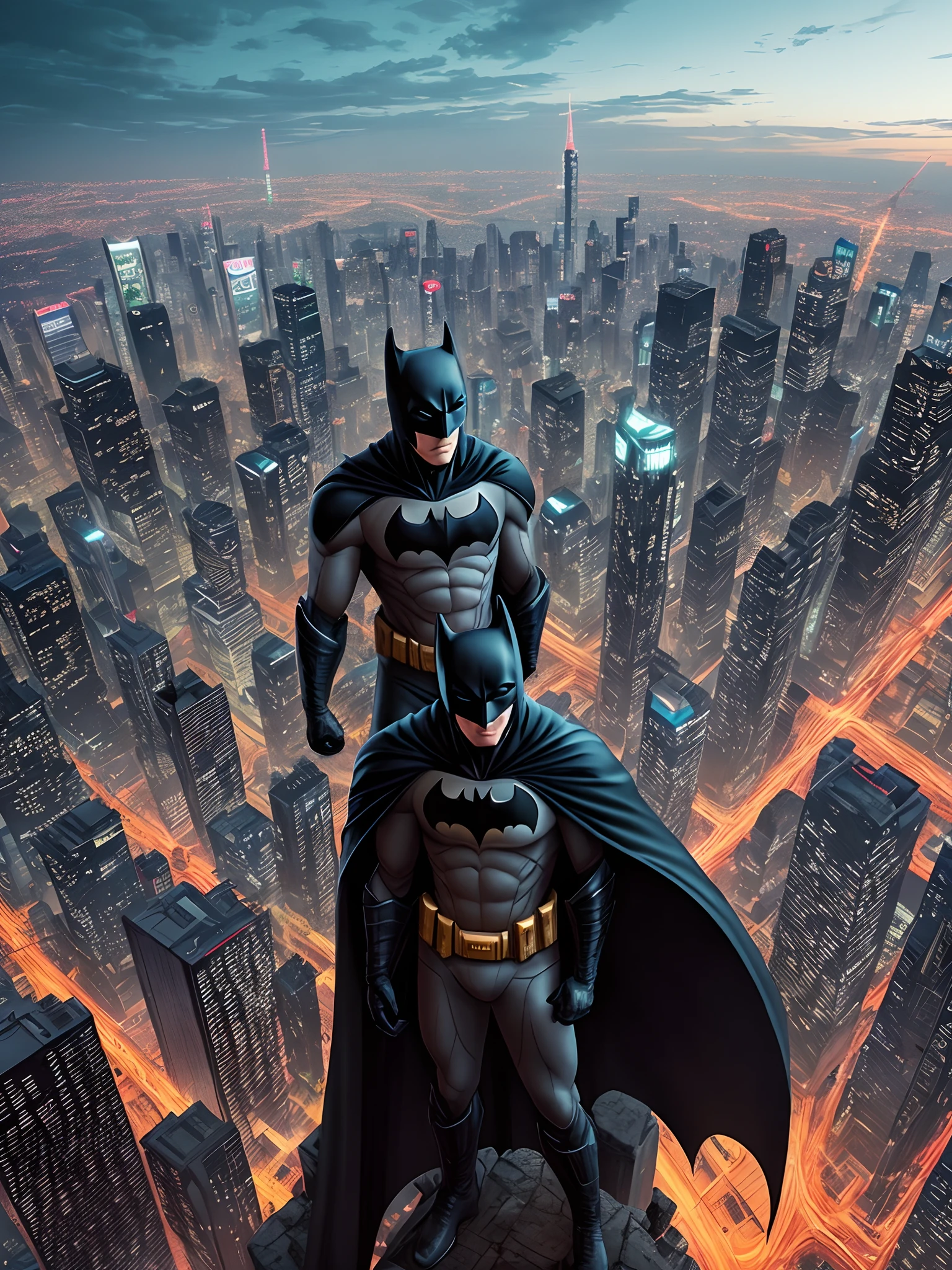 A futuristic tech Batman looking over a cyberpunk city