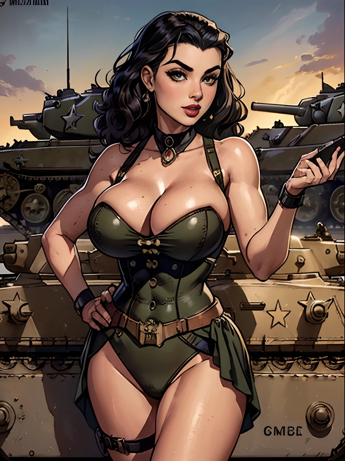 (masterpiece, top quality, best quality, official art, beautiful and aesthetic:1.2), (1girl:1.3), black hair victory curls, vintage 1940's American hairstyle, extremely detailed, portrait, looking at viewer, solo, (full body:0.6), detailed background, close up, vintage makeup, retro style, (warm summer military base theme:1.1), pinup girl, elegant face, long face, charlatan, smirk, mysterious, posing on top of a tank, patriotic costume, star spangled costume, high heels, legs, M4 Sherman tank, WWII tank, armored vehicle, (((( medium, breast )))), toned, slim waist, slim hips, long legs, muscular legs, historical (WW2 army base exterior:1.1) background, dark mysterious lighting, shadows, magical atmosphere, dutch angle