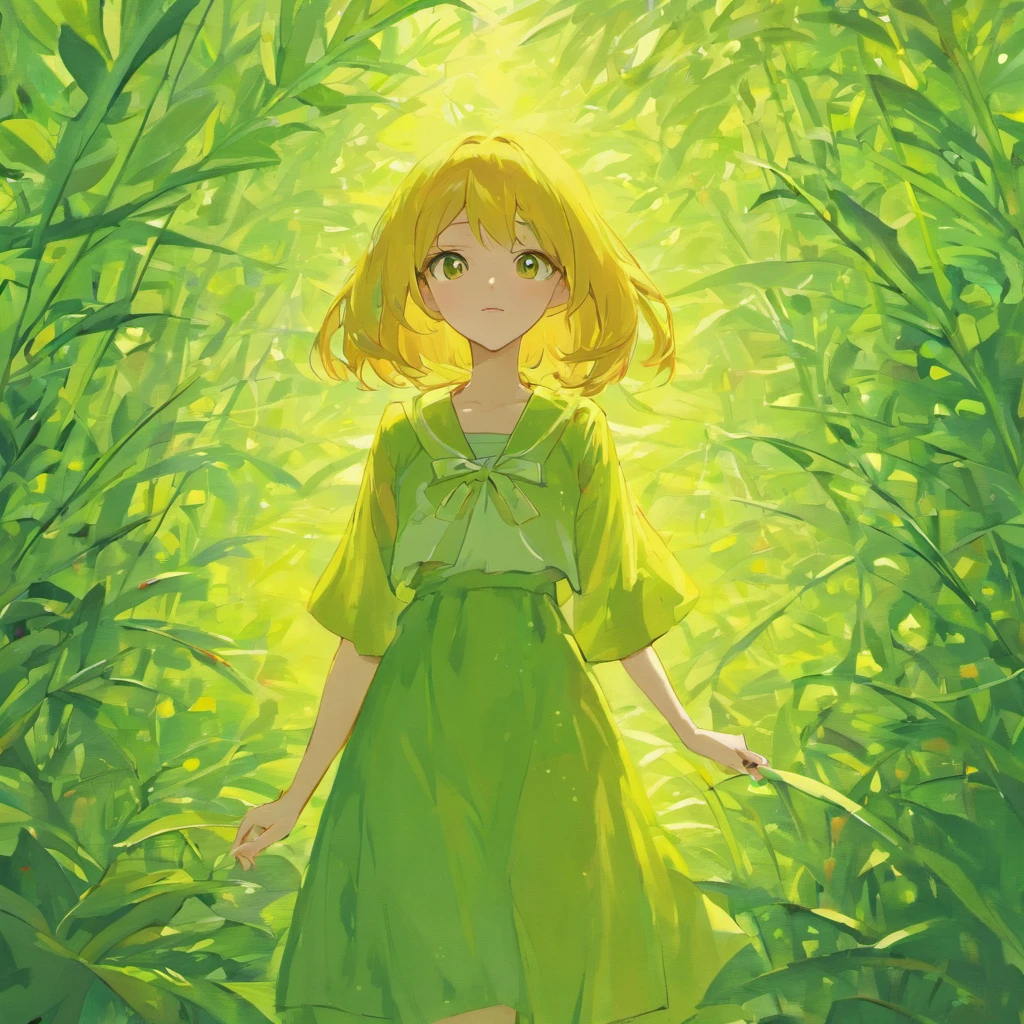 Uma pintura mostra um campo verde-amarelo,Casa de telha vermelha,Um rio corre por ele,idyllic setting,branco e verde,seios grandes encantadores,Preciso e meticuloso,The organic flow lines of Art Nouveau,(NOhumans)