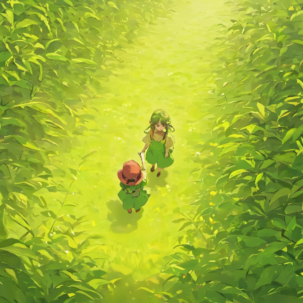 Uma pintura mostra um campo verde-amarelo,Casa de telha vermelha,Um rio corre por ele,idyllic setting,branco e verde,seios grandes encantadores,Preciso e meticuloso,The organic flow lines of Art Nouveau,(NOhumans)