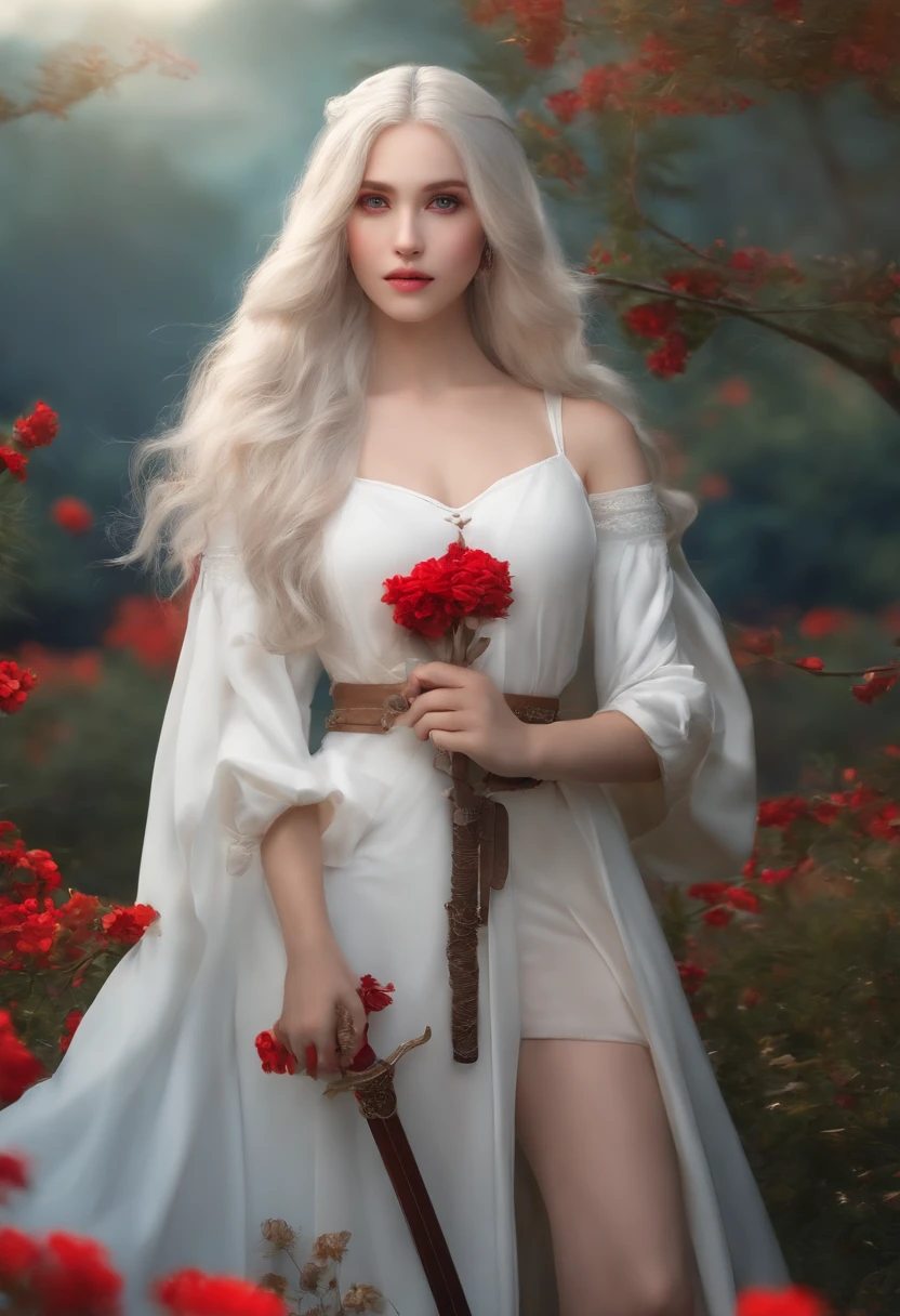 kiana，A girl with long white hair，8K，Delicate girl，Armed with a red giant sword，blue colored eyes，White clothes，Cute，Masterpiece，Gentle and sweet，火焰，