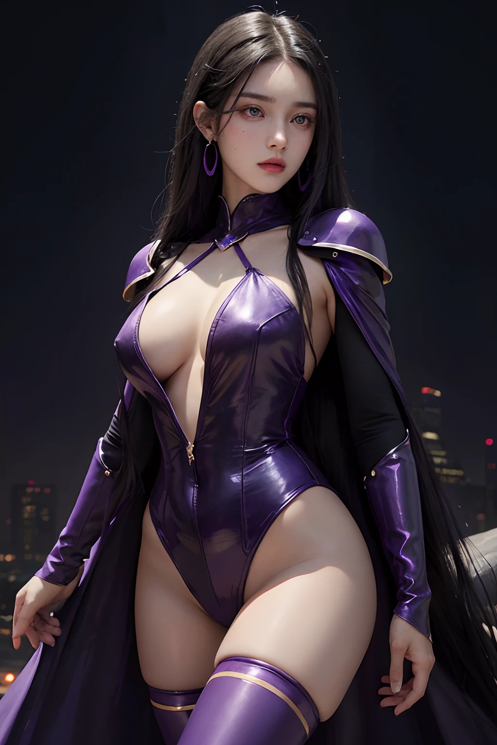 a 17 year old teenager with long straight black hair, fair skin and striking green eyes, powerful, powerful heroine with her purple power, beautiful heroine, extremely beautiful woman a woman with long black hair and purple eyes, beautiful with violet skin, and wearing earrings, with purple powers around her, extremely beautiful and perfect face 3D realist real life, a powerful goddess, the color of her powers is purple