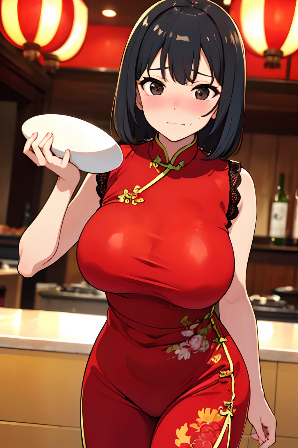 (masutepiece,Best Quality,High quality,ultra-detailliert,Extremely detailed,超A high resolution,Best aesthetic,8K),Cowboy Shot,Beautiful black eyes,Beautiful Girl,Beautiful black hair,,(((saggy tits))),(((Protruding areola,))),nose blush,(Red cheongsam),Chinese Restaurant,Drunk,Drink alcohol