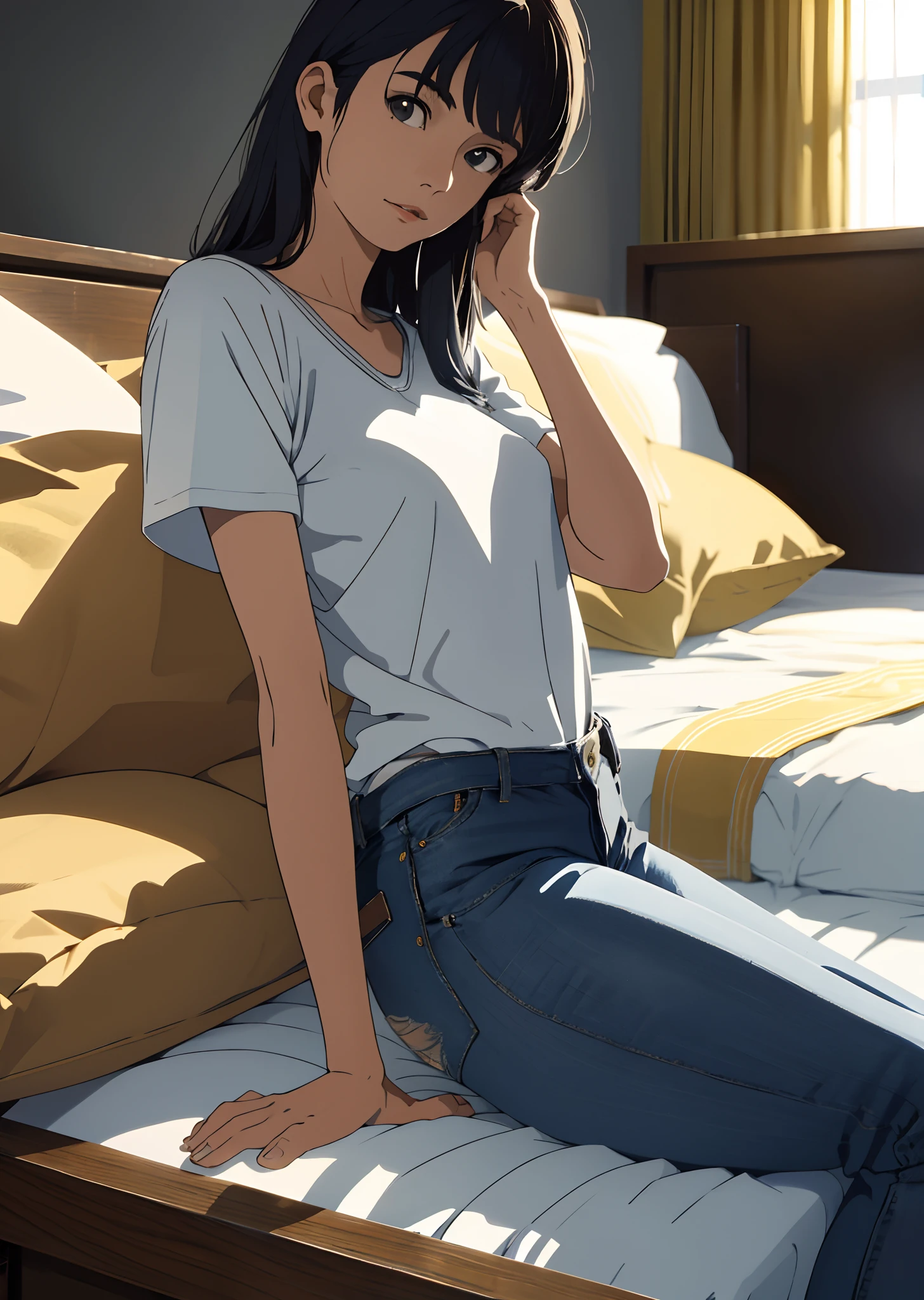 Garota de 16 anos, deitada na cama, com short jeans, camisa longa branca, olhando para o teto pensativa, cartoon, muito bem desenhada