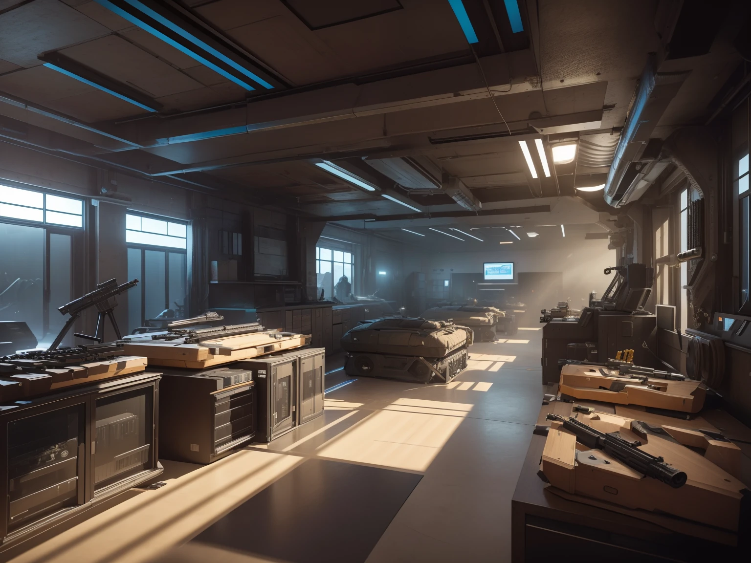 Photorealistic Production, (image of a high-tech room with array of Firearms), dynamic pose, natural lighting, photo realism, intricate details, highly detailed, vibrant colors, cinematic, 8k, trending on Artstation--style raw