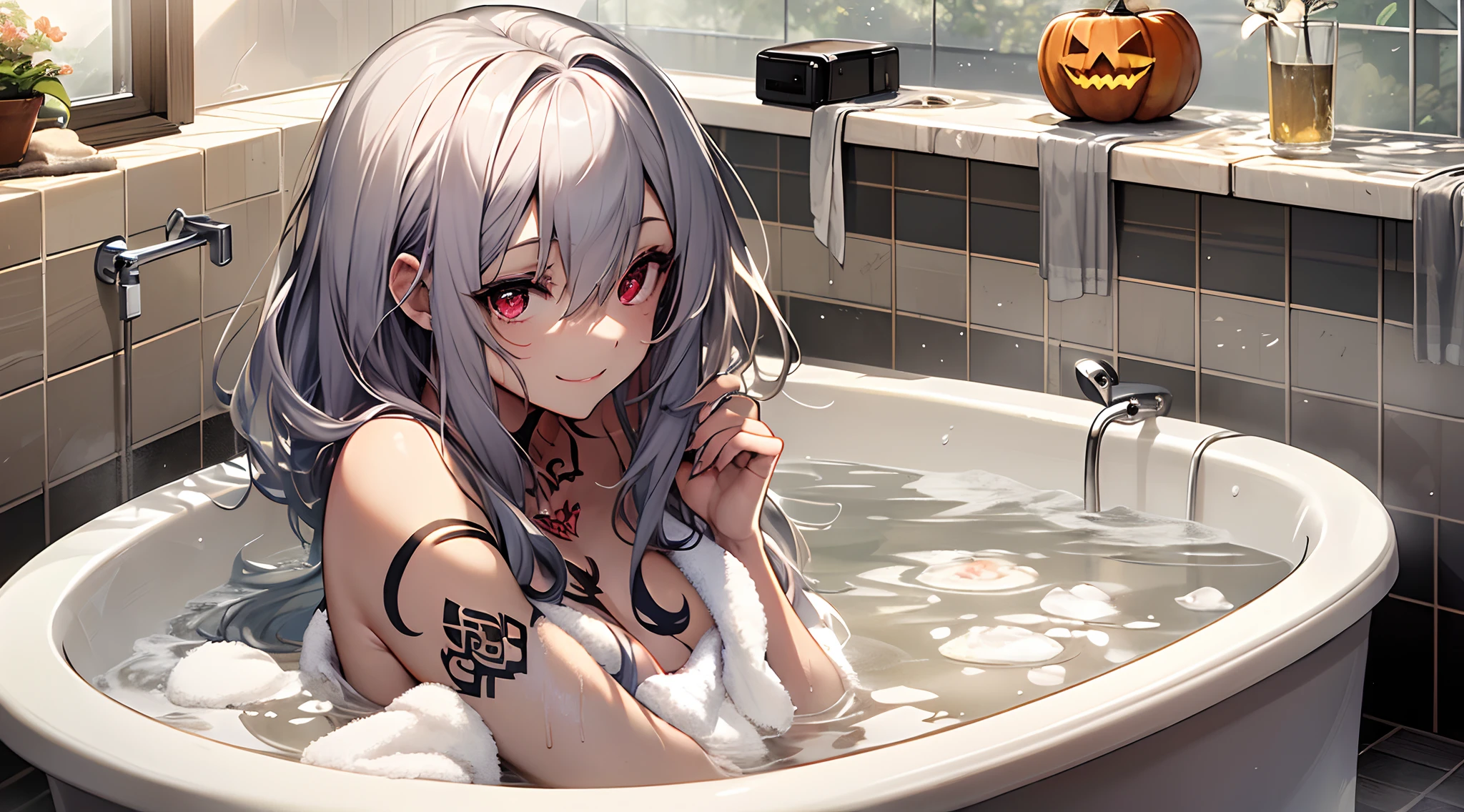 top-quality、Top image quality、in 8K,4K,​masterpiece、(NSFW:1.1)、ultra-detailliert、Beautiful、ultra-quality、adult-like、Cool、girl with(((18year old、Hide your chest with a towel:1.5、Bust 78、silber hair、a short bob、Red Eyes、erotick:1.4、Happiness、The tattoo)))、Jack-o'-lantern floating in the bathtub、hiquality、visualart、Background with((Bath:1.3))、masutepiece