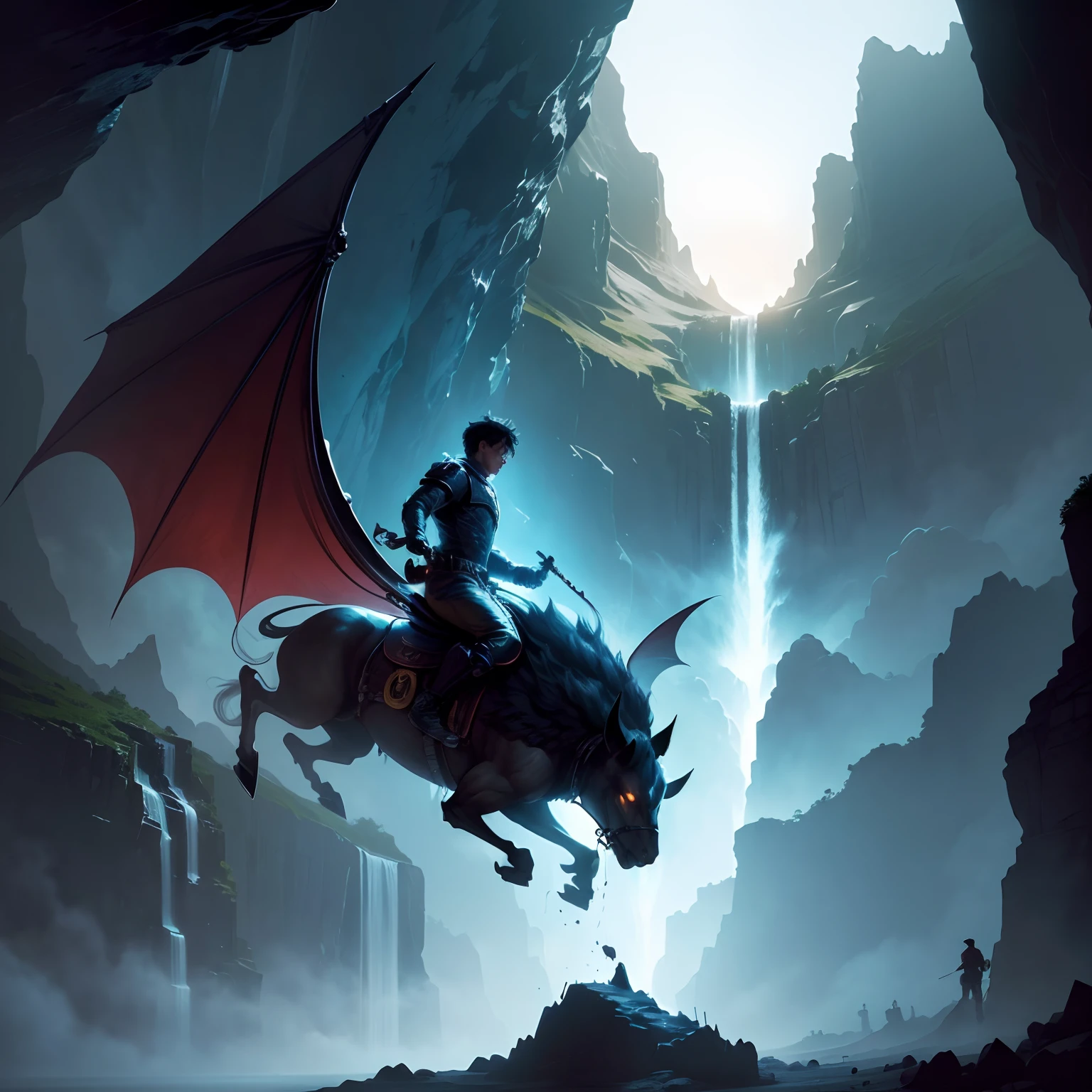 (best quality:1.3), (best performance:1.2), (best illustration:1.2), (Comic style:1.2), (artistic cinematic lighting:1.2) (1boy) (1animal) human teenage boy is riding a giant bat in the distance of a deep vast underground cave, with a waterfall,