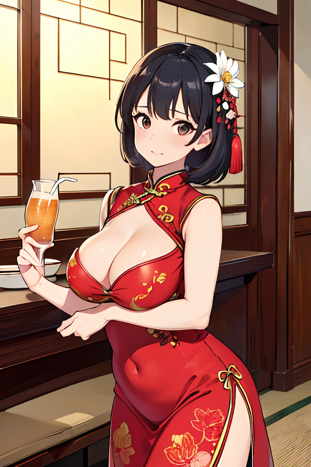 (masutepiece,Best Quality,High quality,ultra-detailliert,Extremely detailed,超A high resolution,Best aesthetic,8K),Cowboy Shot,Beautuful Women,,(((saggy tits))),(((Protruding areola,,Open chest))),(Red cheongsam),Chinese Restaurant,Drunk,Drink alcohol