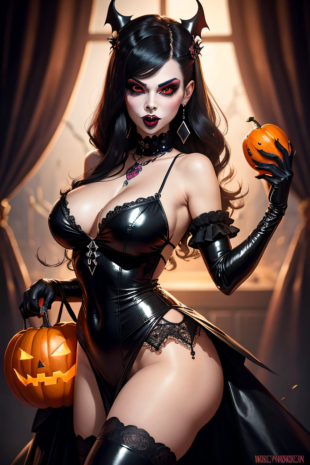 mujer vampira sexy , En una fiesta de globos de Halloween, vestida de calabaza, divertida