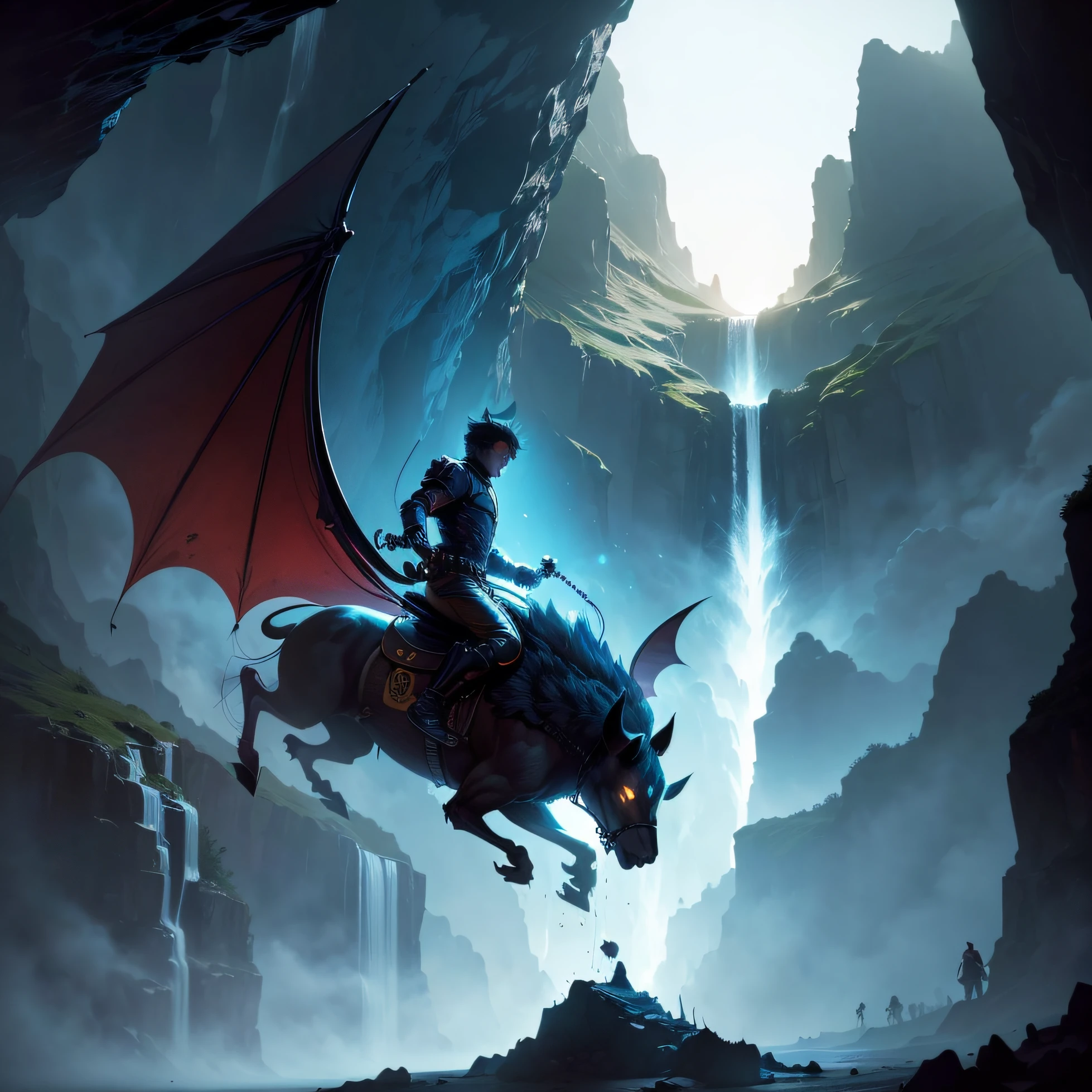 (best quality:1.3), (best performance:1.2), (best illustration:1.2), (Comic style:1.2), (artistic cinematic lighting:1.2) (1boy) (1animal) human age boy is riding a giant regular bat high in the distance of a deep vast underground cave, with a waterfall,