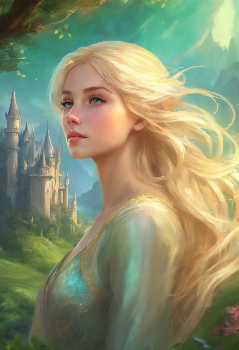 Blonde hair petite but athletic girl princess like teenager, in a giant winding medieval castle, 4k, grassy green florescent background,