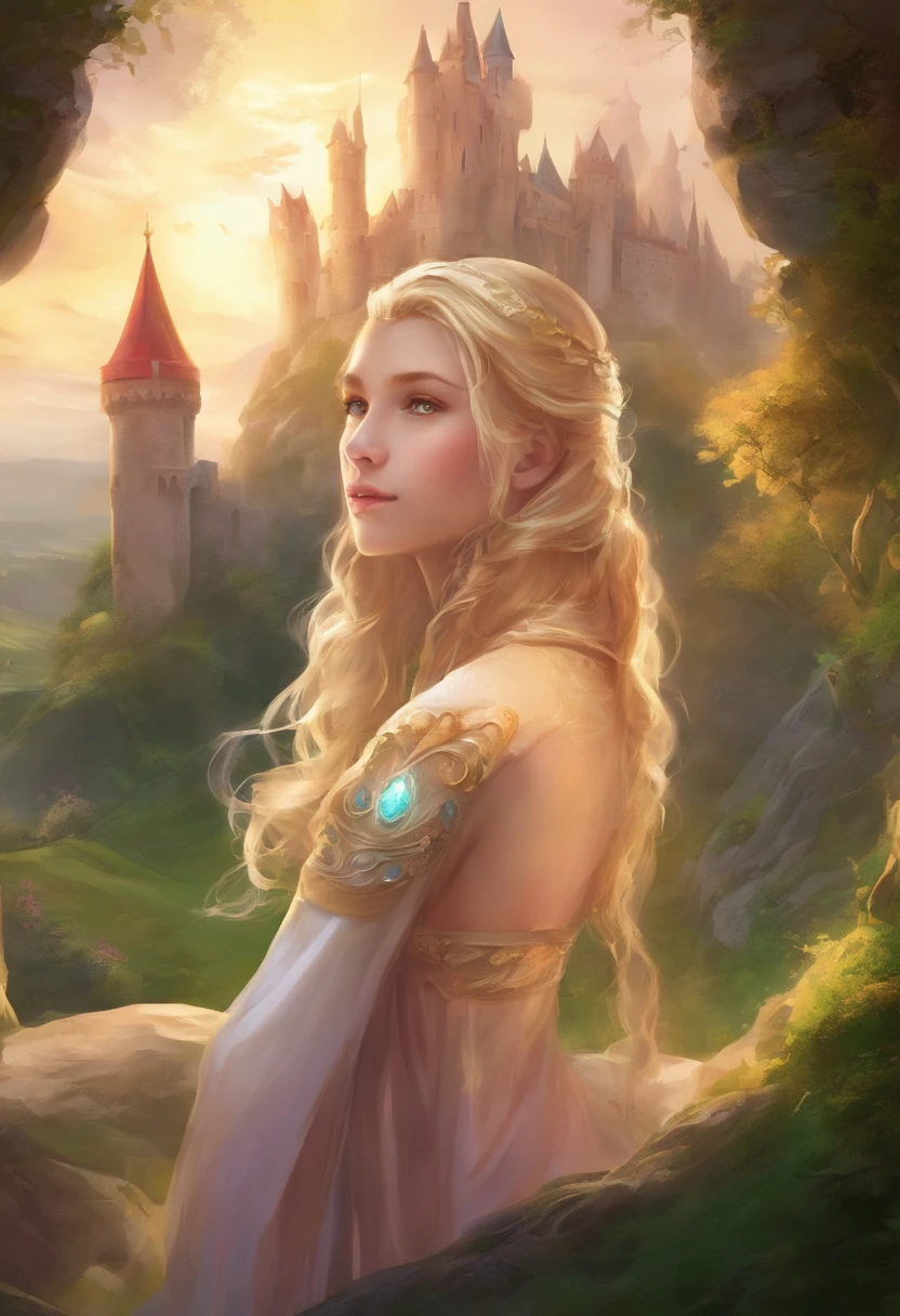 Blonde hair petite but athletic girl princess like ager, in a giant winding medieval castle, 4k, grassy green florescent background,