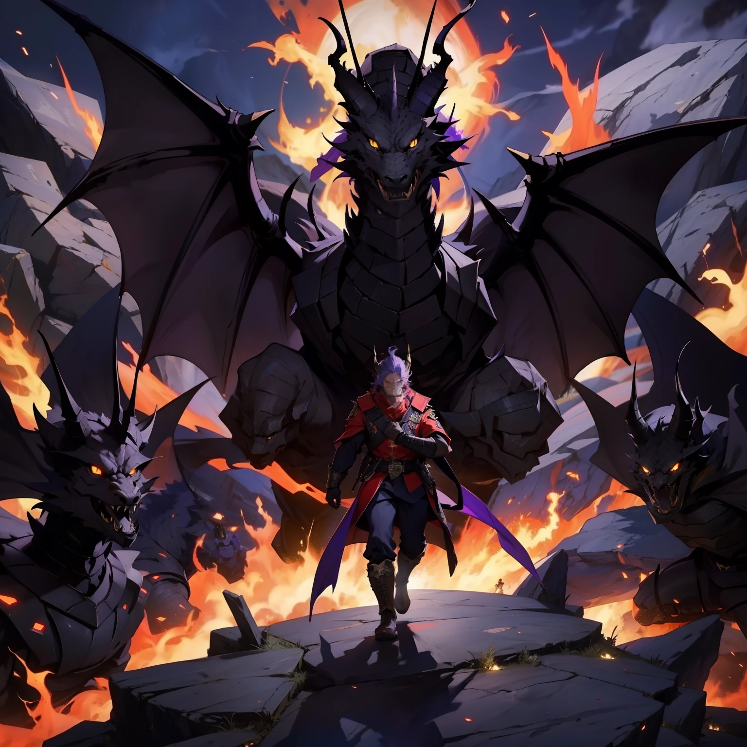 army of monsters fighting 1,black dragon with purple fire, on a mountain