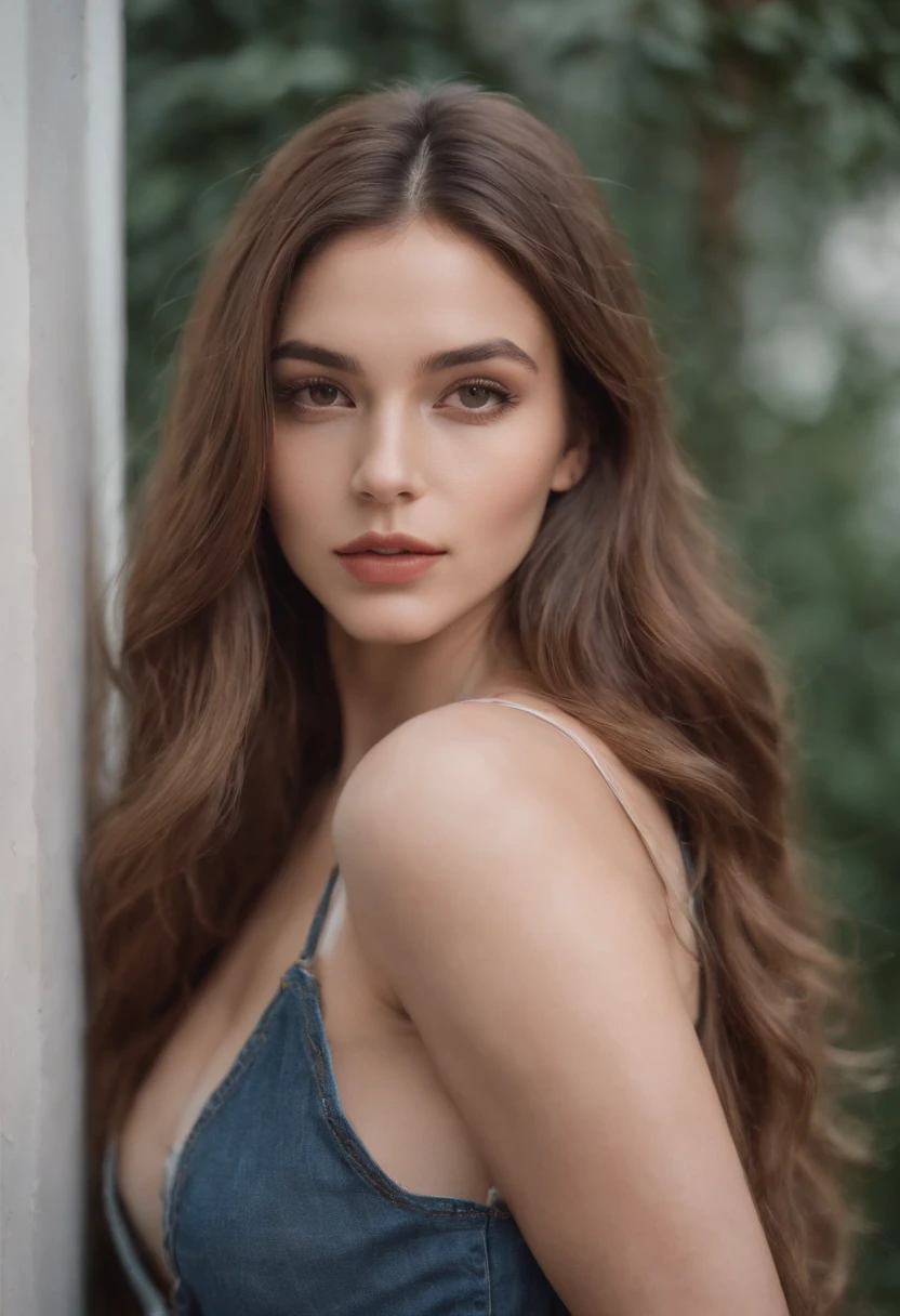 woman in baggy clothes, sexy instagram model, young, beautiful, long hair, 25 years old, fashionable, headshot, dynamic pose, tight jeans