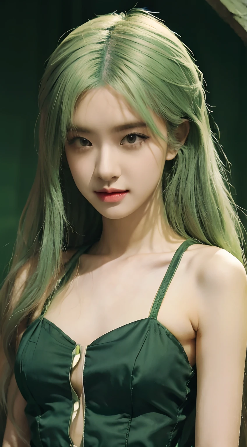 Girl with green Hair, green dress, green theme, green background