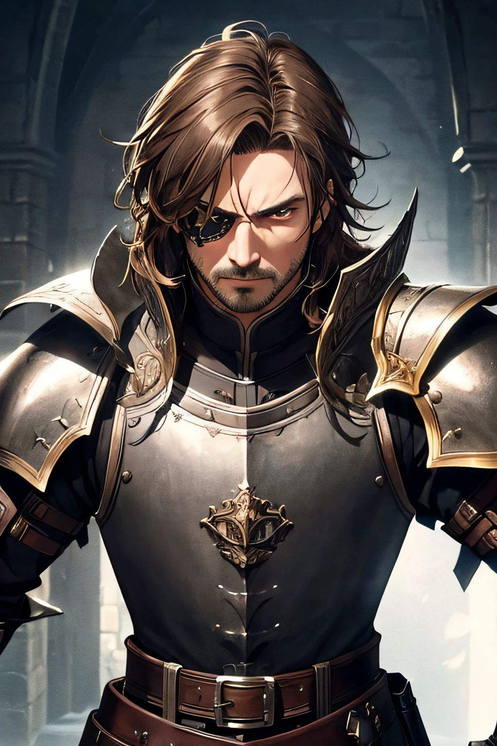 ((ArtStation)), ((Realistic face)), masterpiece, best quality, 1man, adult, masculine, male focus, mature, 40 year old, solo, light brown hair, angry, man, medium lenght hair, vibrant yellow eye, eye patch, looking at viewer, cape, High quality metal texture, closed mouth, bangs, high collar,(kbxll:0.6), Fantasy aesthetics, Highly detailed, shadowverse style, medieval castle, knight, full plate armor, fighting