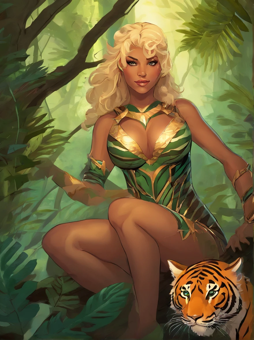 the tigress, thicc sexy blonde super-heroine wearing a tiger stripe v-kini with a v shaped boob window, and tiger stripe thigh high high boots standing on a large tree branch in a lush jungle in the background, high-angle shot, wide-angle shot, dramatic angle, extreme angle shot