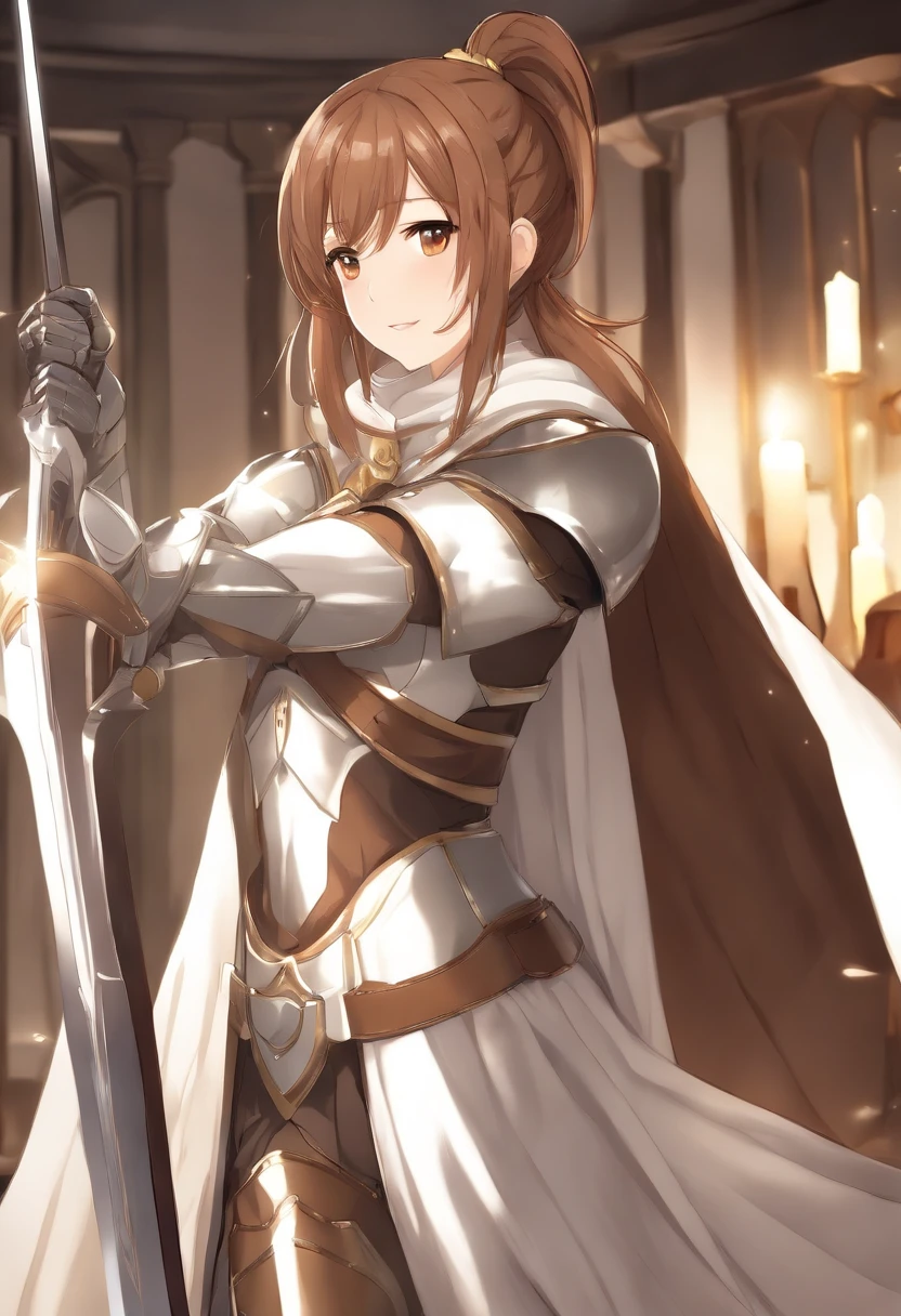 asuna, asuna_(sao), (1girl,solo) ,fantasy, highres, 19 yo,  original, (wear in a sheath on waist:1.3), smile, (white knight wizard long cape:1.55), short hair, medium breasts, looking at viewer, bangs ,detailed hazel brown eyes, beautiful background, ((morning sun,Western-style private room)), hands on the chest,(brown hair,short ponytail:1.5), (platinum knight wizard full armor:1.55),short hair, standing,straight-on, abec,(full body:1.1), white thighhighs,(abec:1.4),