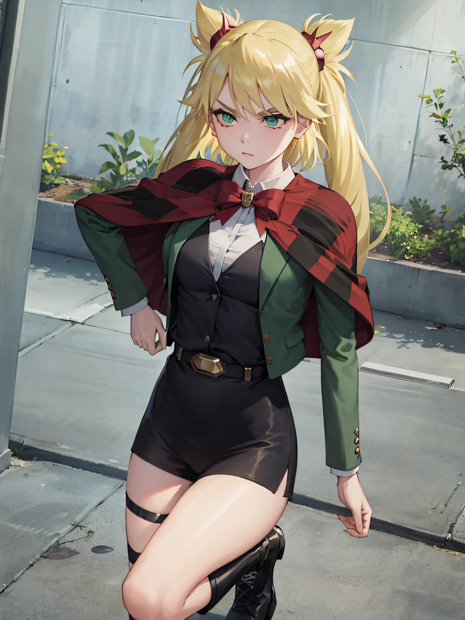 ((master piece)), a green-eyed young woman with blond hair that she keeps tied up in two long pigtails with red, spiked metal bands. She wears a green suit unbuttoned over a white undershirt with a red-and-black plaid cape emblazoned with the symbol of the Conservation Rangers that is fastened at the front with a large red bow, as well as a black shorts held up by two straps around her shoulder that features a golden gemstone on the front. On her right thigh, she keeps a holster for her Witch Kit, while her legs are covered by stockings - the left stocking reaches her thigh and features three white horizontal stripes toward the top, while her right stocking is rolled down to accommodate the Witch Kit holster. She wears black boots with gemstones on the ankles