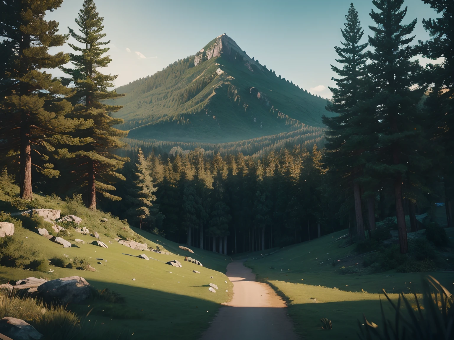 Photorealistic Production, (Landscape Image of a Green Mountain Hill with Pine Trees), Bird's Eye View, Wide Scene Shot, Dynamic Angle, View From Front, Movie Still, Insane Details, Intricate Scene Details, Cinematic Shot and Lighting, Bokeh Effect, Vibrant and Realistic Colors, Masterpiece, Sharp Focus, Ultra Detailed, Taken with DSLR Camera, Realistic Photography, Depth of Field, Incredibly Realistic Environment and Scene, Master Composition and Cinematography, Trending on Artstation--Style Raw