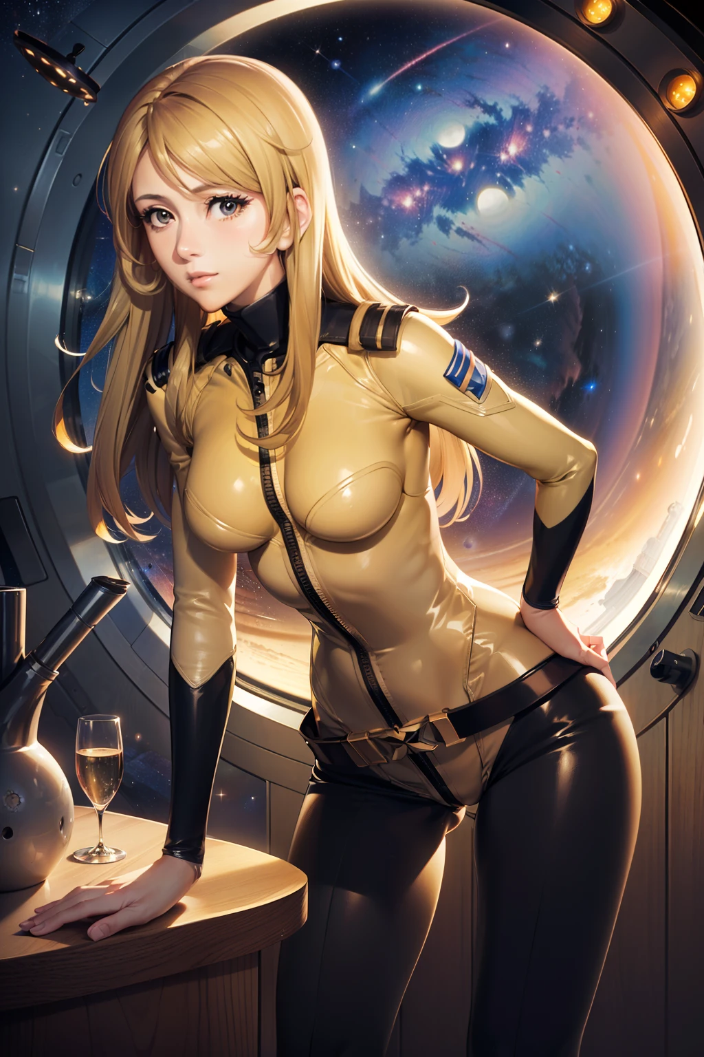 (masterpiece, best quality:1.2), (cowboy shot:1.1), solo, 1girl, mori yuki, slight smile, closed mouth, looking at viewer, blonde hair, thigh gap, (unzipped bodysuit:1.5), slight smile, leaning forward, side view, yellow bodysuit, skin tight, belt, large window, (starship porthole:1.3), from front, (spread legs:1.3), (standing:1.1), starship interior, (outer space view:1.1), (orbital view:1.3), (night, stary sky:1.5), milky way