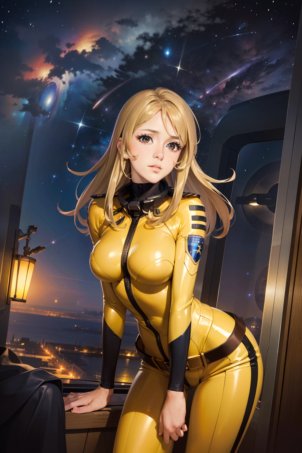 (masterpiece, best quality:1.2), (cowboy shot:1.1), solo, 1girl, mori yuki, slight smile, closed mouth, looking at viewer, blonde hair, thigh gap, (unzipped bodysuit:1.5), slight smile, leaning forward, side view, yellow bodysuit, skin tight, belt, large window, (starship porthole:1.3), from front, (spread legs:1.3), (standing:1.1), starship interior, (outer space view:1.1), (orbital view:1.3), (night, stary sky:1.5), milky way