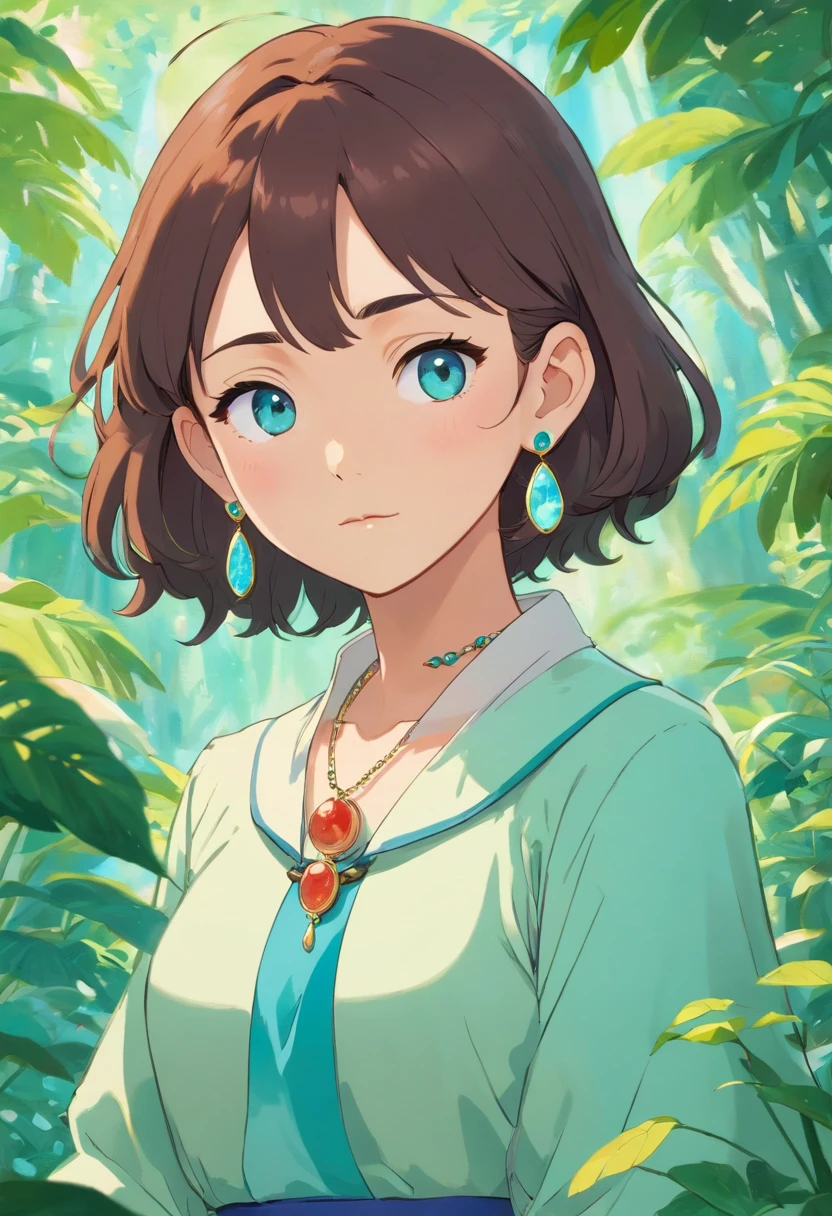 a girl wearing an anime collar, a long necklace and earrings, in the style of tranquil gardenscapes, colorful animation stills, masami teraoka, aquamarine, paul gauguin, Embry style, honest portrayal