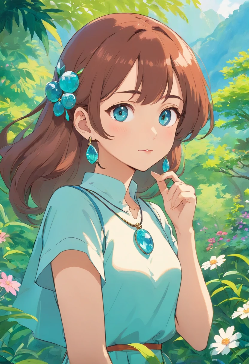 a girl wearing an anime collar, a long necklace and earrings, in the style of tranquil gardenscapes, colorful animation stills, masami teraoka, aquamarine, paul gauguin, Embry style, honest portrayal