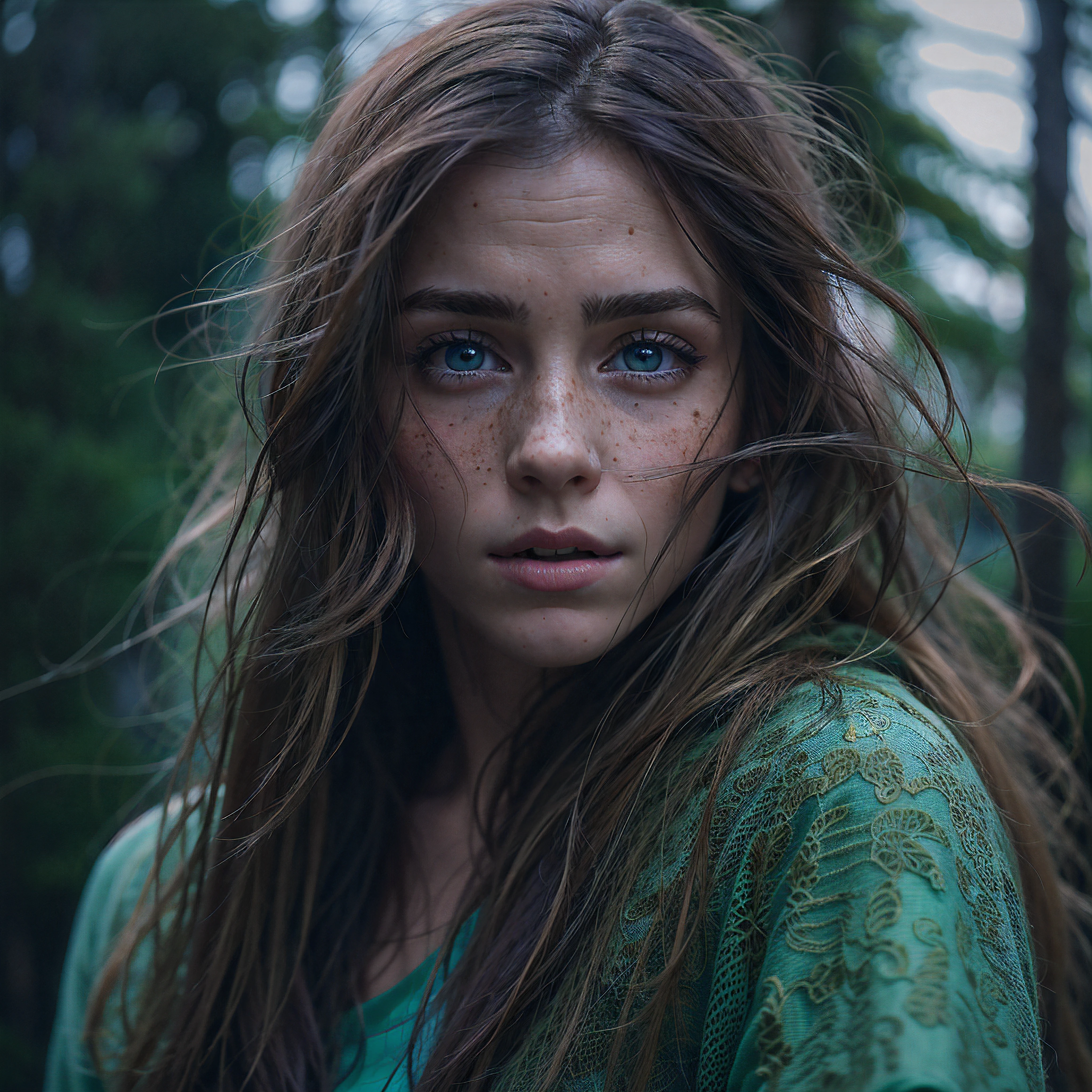 portrait of beautiful women, looking over spruce forest, moody portrait, striking features, beauty, intricate details, dramatic composition, tension, wispy hair, blue eyes, contrast, texture, realism, high-quality rendering, stunning art, high quality, film grain, Fujifilm XT3, acne, blemishes, detailed skin, freckled