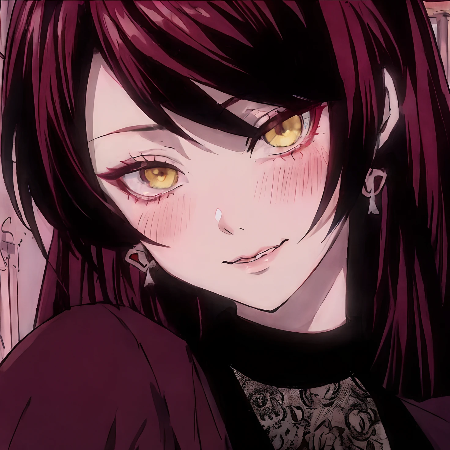 Anime girl with red hair and yellow eyes in a dark room, 1 7 - year - old anime goth girl, Akane Owari Danganronpa, Pupilas negras de anime en sus ojos, Primer plano de una joven animeadora, Anime visual de una chica linda, Anime visual de una mujer joven, Chica de anime llamada Lucy, Tiene una mirada penetrante