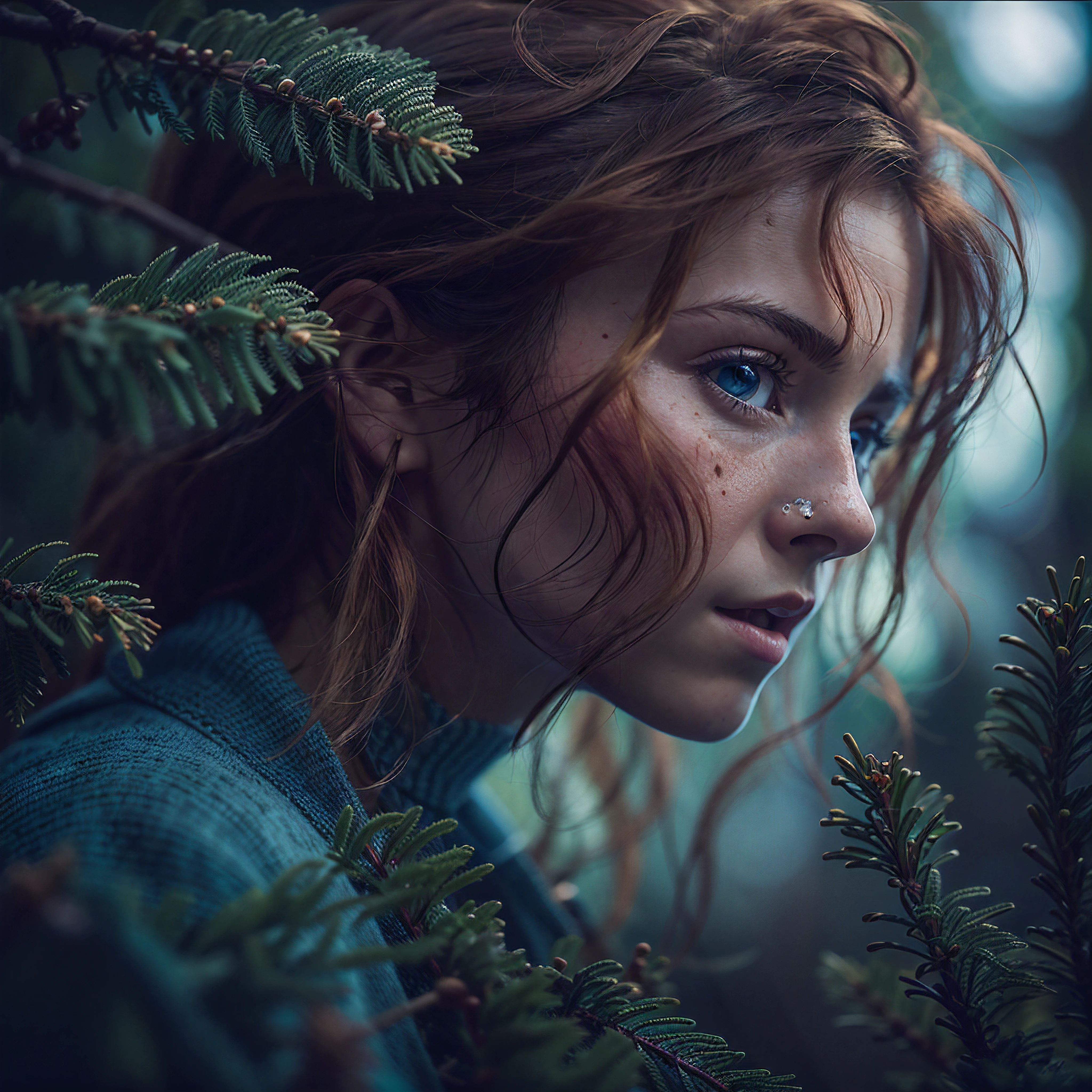 portrait of beautiful women, looking over spruce forest, moody portrait, striking features, beauty, intricate details, dramatic composition, tension, wispy hair, blue eyes, contrast, texture, realism, high-quality rendering, stunning art, high quality, film grain, Fujifilm XT3, acne, blemishes, detailed skin, freckled